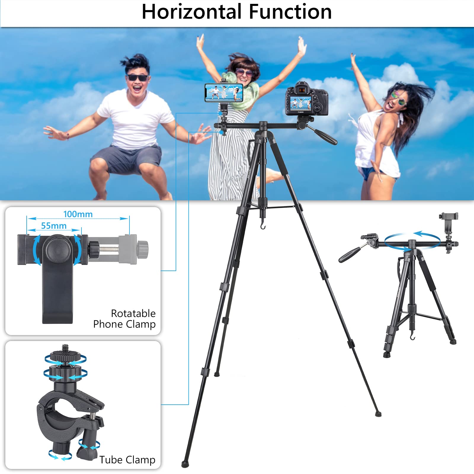 70� Camera Tripod Monopod Horizontal Tripod 3 In 1 Multifunctional Tripod Lightweight Aluminum Tripod With 360� Adjustable Ball Head And Two Phone Holder Mount For Dslr Camera Cell Phone And Dv Video