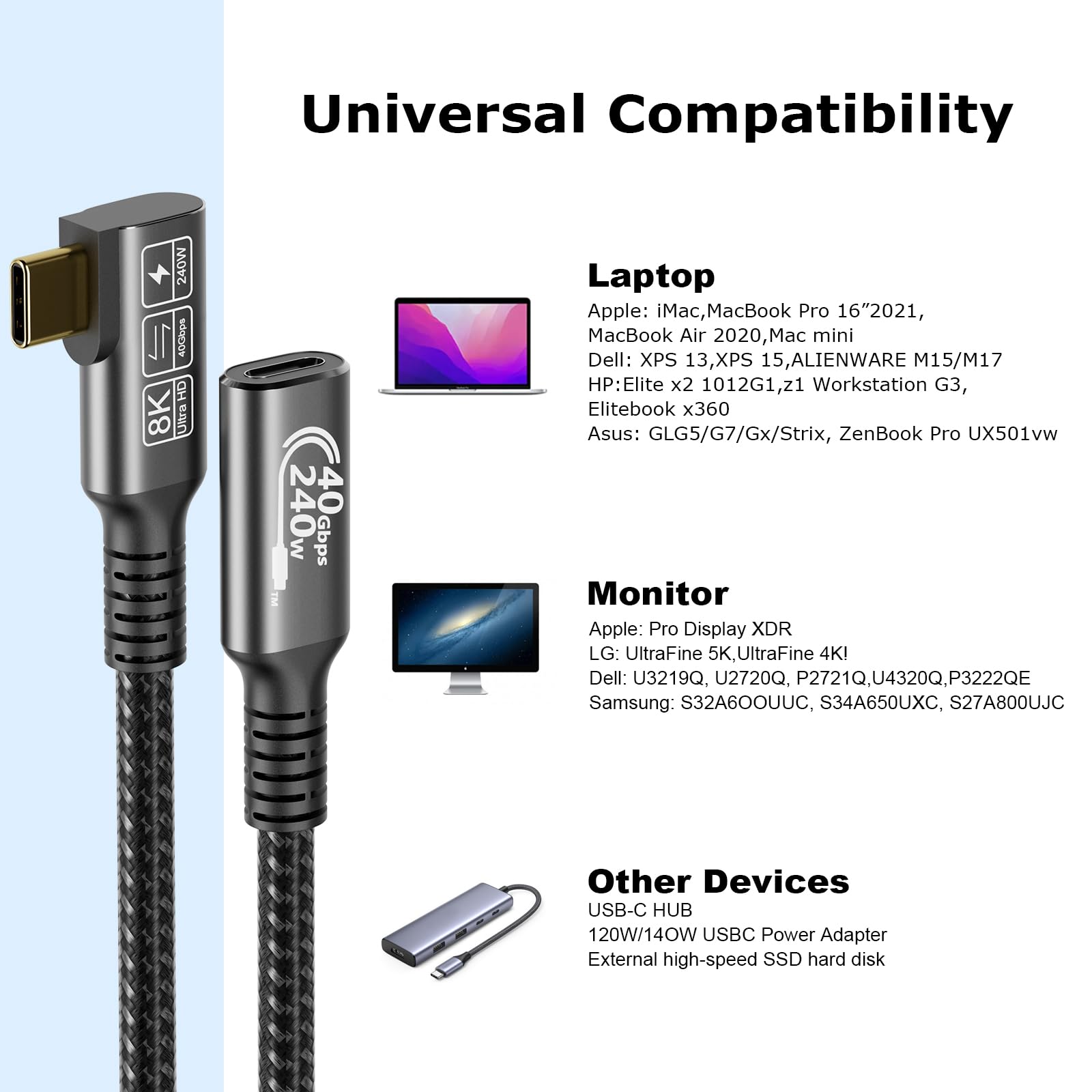 Usb C 4 Extension Cable, With Thunderbolt 4 Cable, 240 W Charging Cable, 40 Gbps Data Cable, 8K @ 60Hz 4K, Pd3.1, Usb C Female Cable, For Hub, Dock Macbook, Ssd