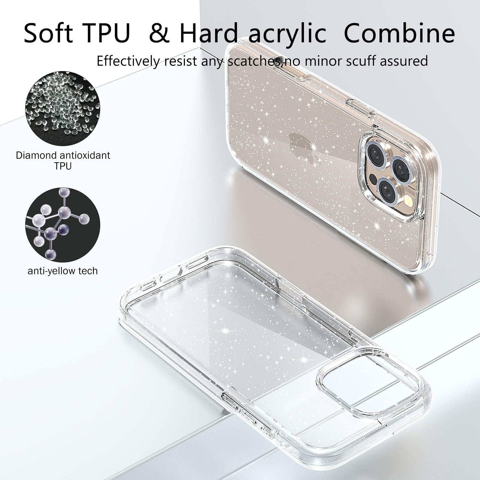Jasmeas For Iphone 16 Pro Max Case Clear Glitter, With [2 Pack] Screen Protector & [3 Pack] Camera Lens Protector Sparkle Pc Har