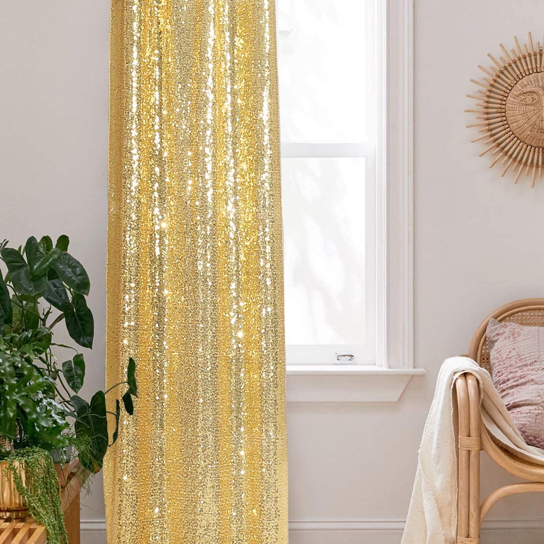 Partydelight Gold 2Ft X 8Ft Sparkly Sequin Backdrop Curtains, 2 Panels, For Wedding, Party, Room Decorations.