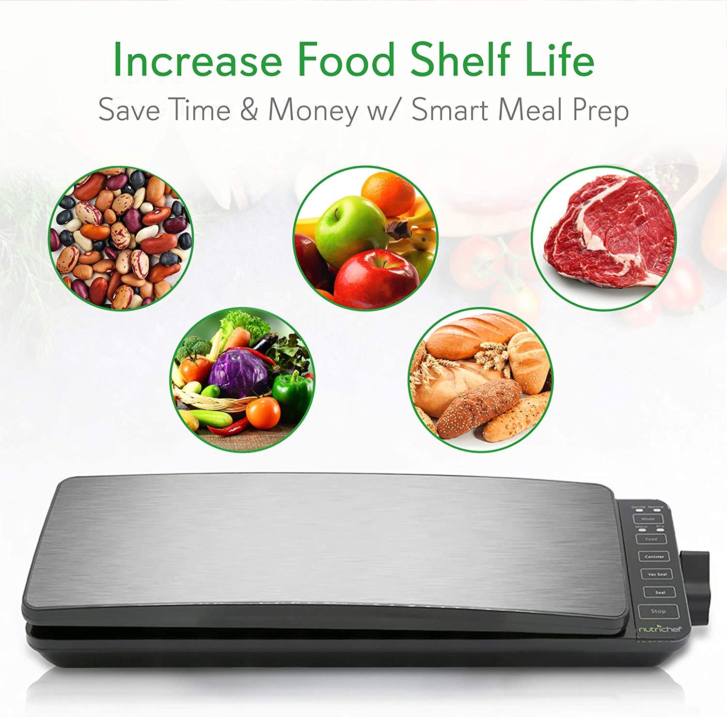 Automatic Food Vacuum Sealer System   110W Sealed Meat Packing Sealing Preservation Sous Vide Machine W/ 2 Seal Modes, Saver Vac Roll Bags, Vacuum Air Hose   Nutrichef Pkvs35Sts (Stainless Steel)