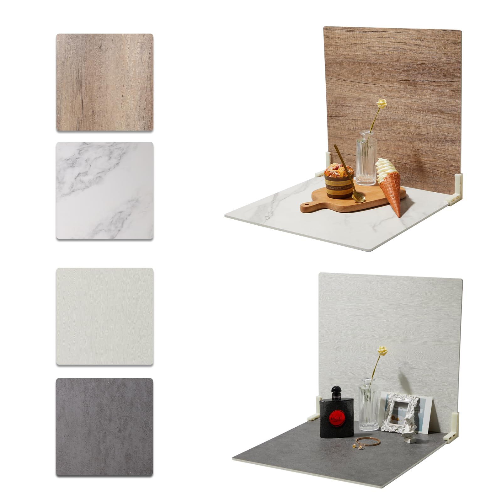 Eoajafou 2Pcs Double Sided Photography Backdrop Boards With 2 Brackets, 16X16 Inch For Food Jewelry Shooting, Marble Wooden Gray