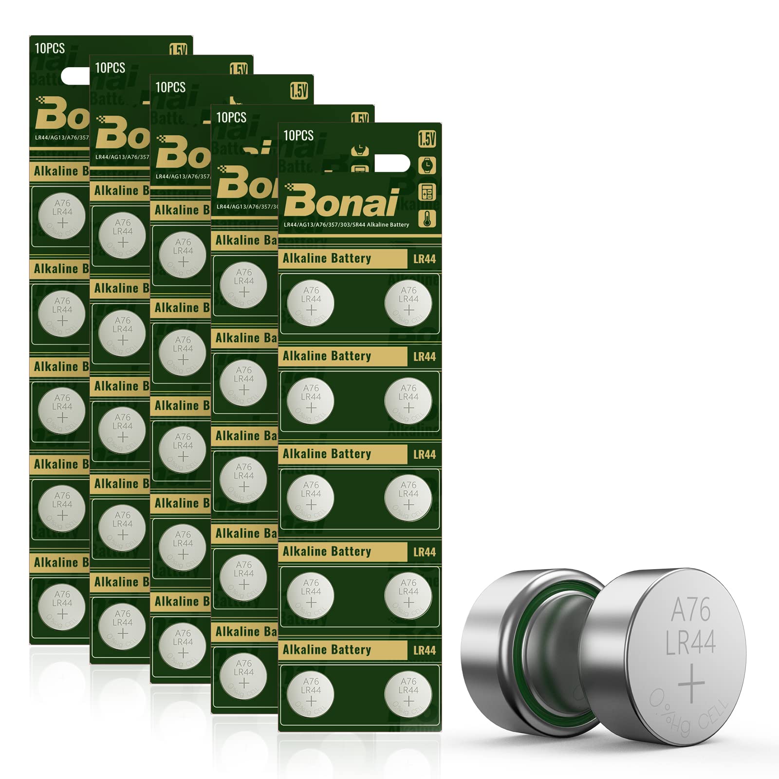 Bonai Lr44 Ag13 Batteries 1.5V Button Cell Battery 50 Count, A76 357/303 L1154F Sr44 Battery High Capacity Packaging Upgrade