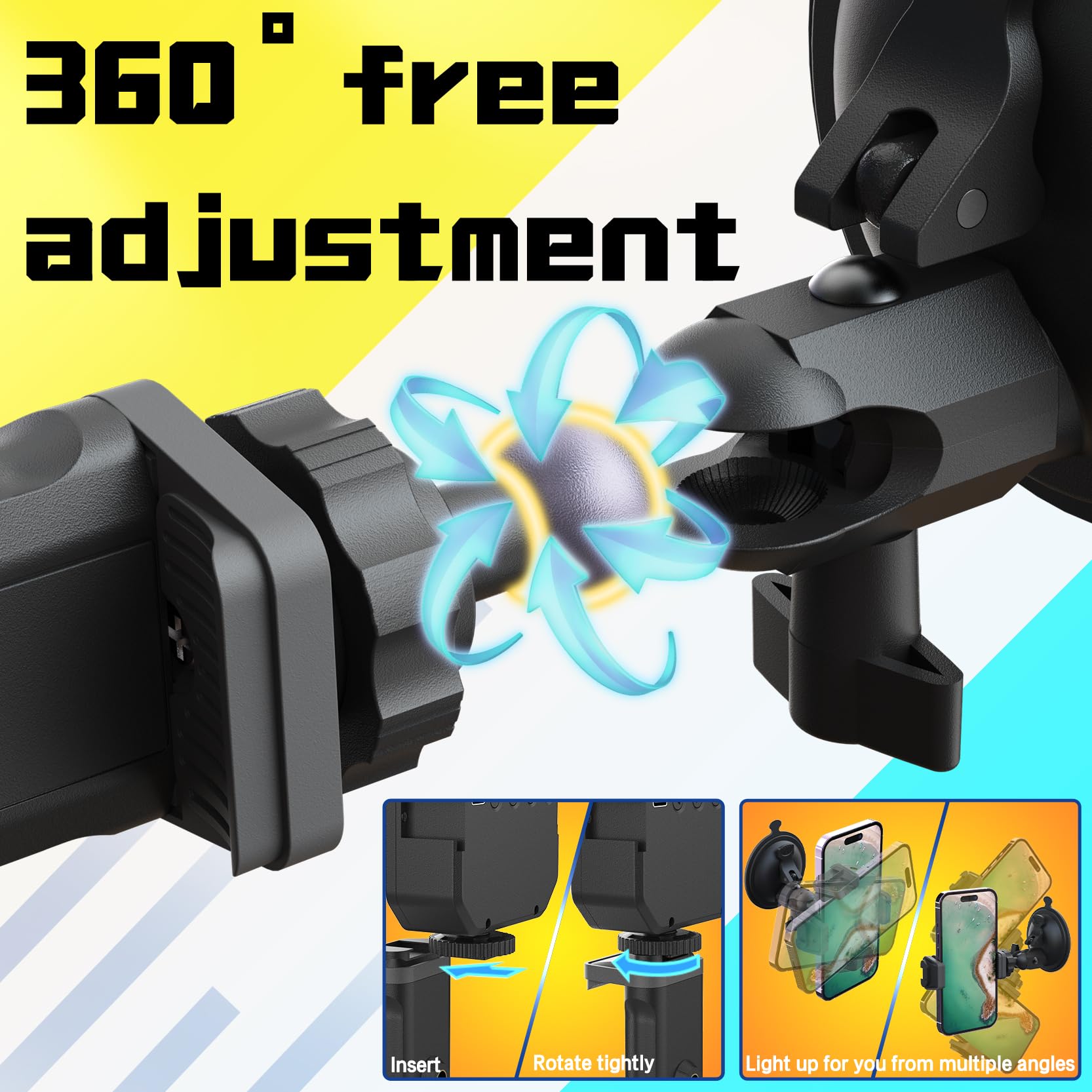 Suction Cup Phone Mount With Rechargeable Light, Hztint Mirror Phone Holder With Light Shower Bathroom Kitchen, Mirror Tripod Fo