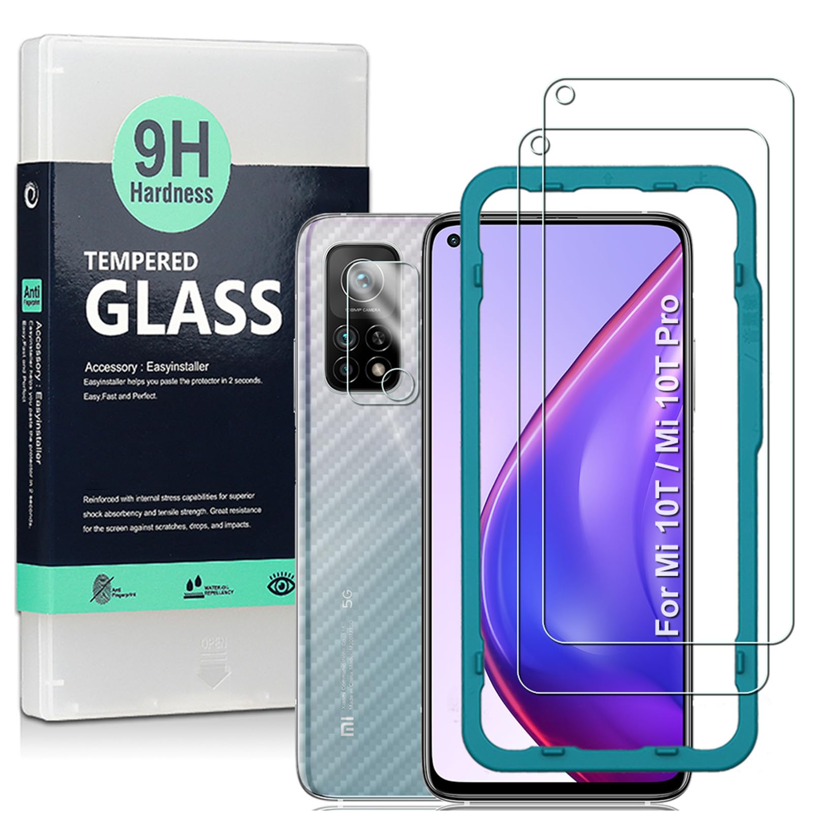 Ibywind Screen Protector For Xiaomi 10T/10T Pro,With 2Pcs Tempered Glass,1Pc Camera Lens Protector,1Pc Backing Carbon Fiber Film
