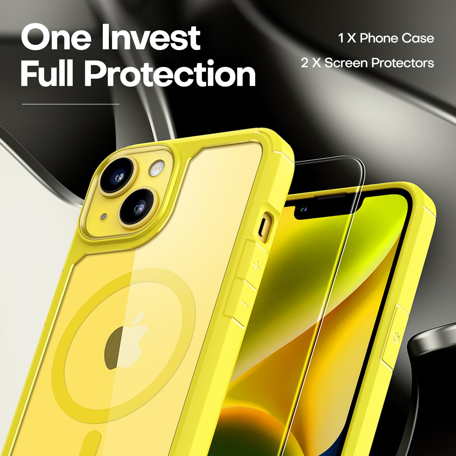 Tauri 3 In 1 Magnetic For Iphone 14 Case Yellow, Compatible With Magsafe [Not Yellowing] With 2X Screen Protector, Military Grad