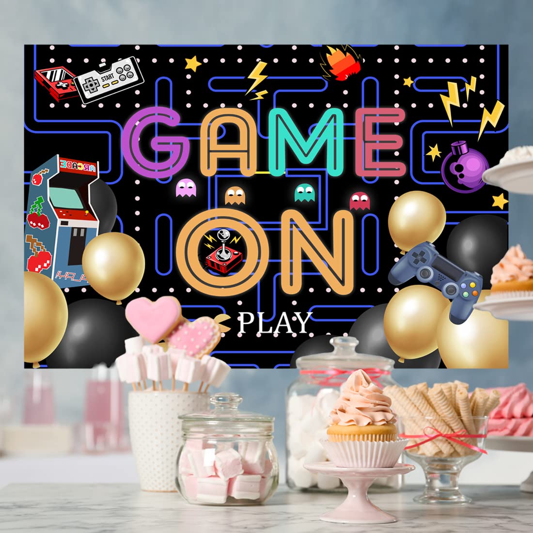 Lofaris Game On Backdrop Video Game Boys Birthday Photography Background Colorful Lights Party Supplies Kids Adults Gaming Party