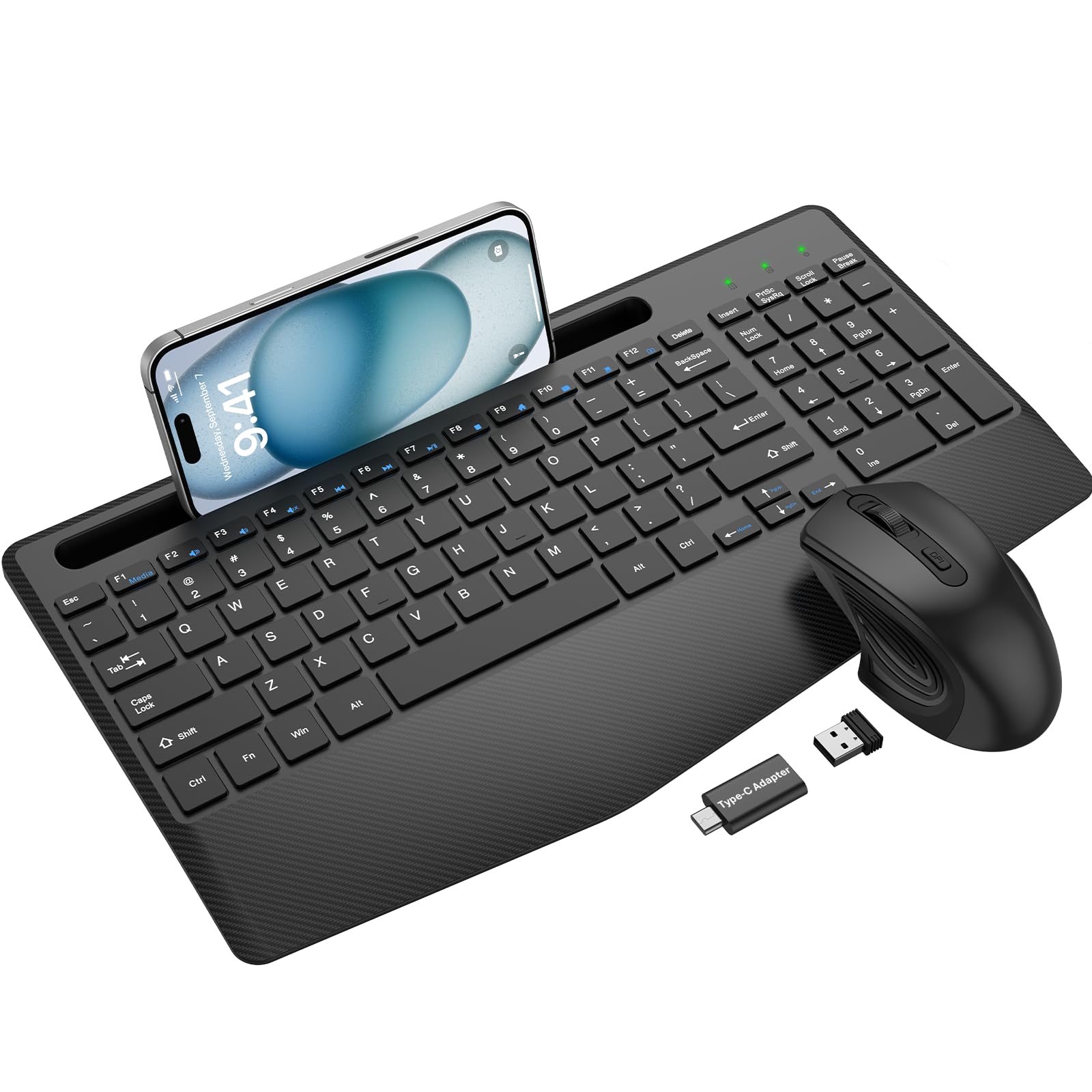 Wireless Keyboard and Mouse Combo, Ergonomic Keyboard with Wrist Rest, Phone Holder, Sleep Mode, 2.4G Lag-Free Rechargeable Sile