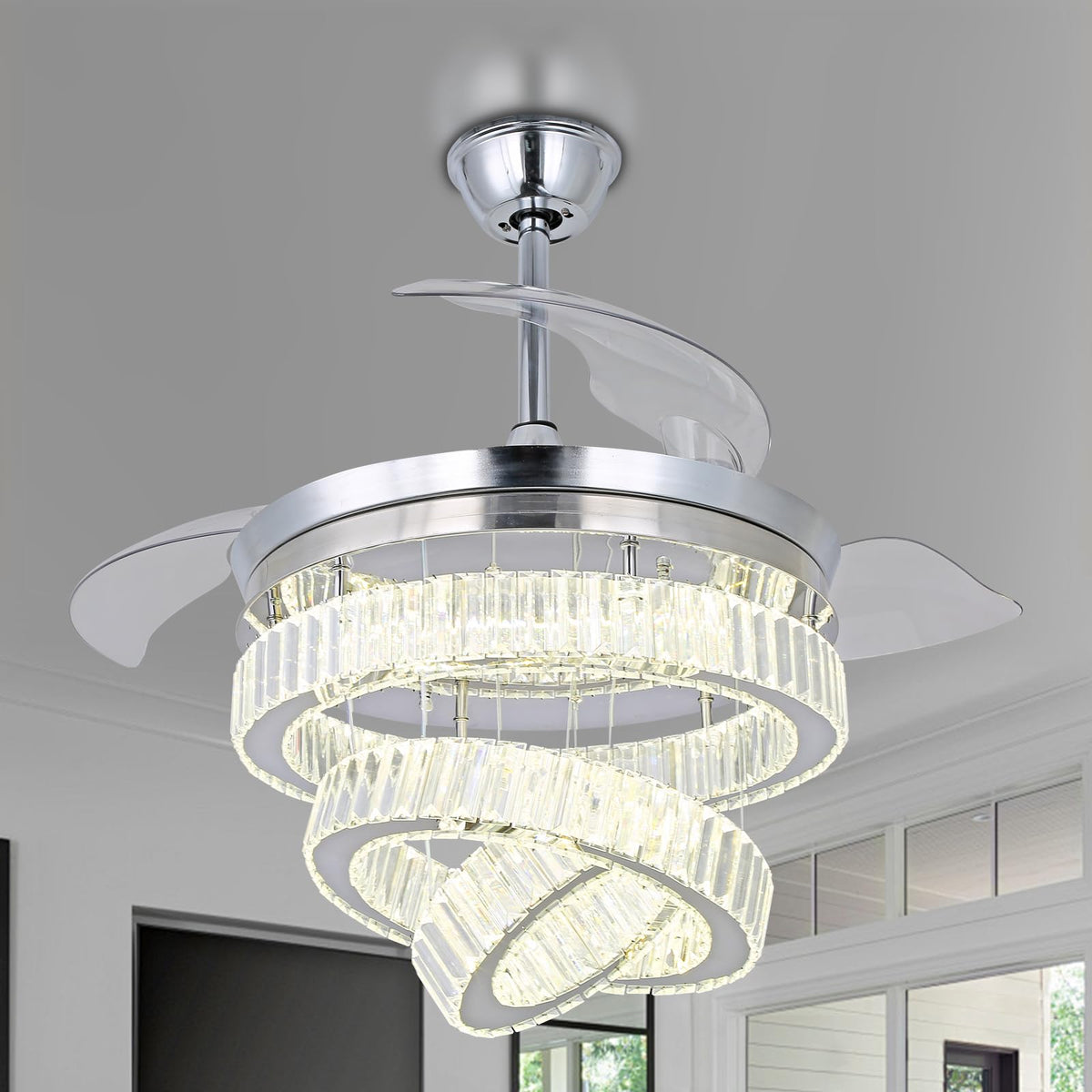 Clairdai 42'' Dimmable Fandeliers Crystal Ceiling Fan With Lights And Remote Led Invisible Fandelier Retractable Chandeliers Fan