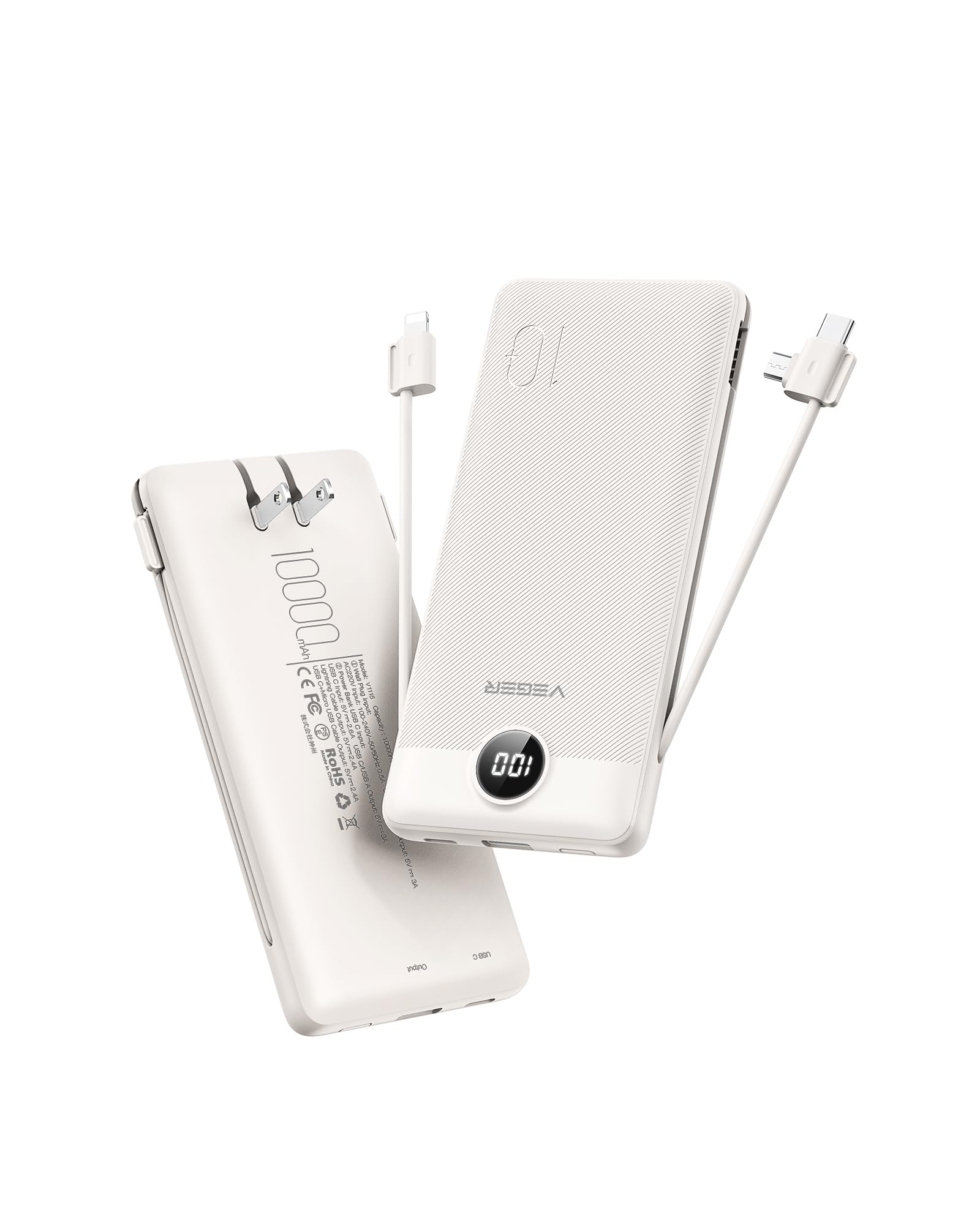 Veger Portable Charger For Iphone With Built In Cables And Wall Plug, 10000Mah Slim Fast Charging Usb C Power Bank, Travel Essen