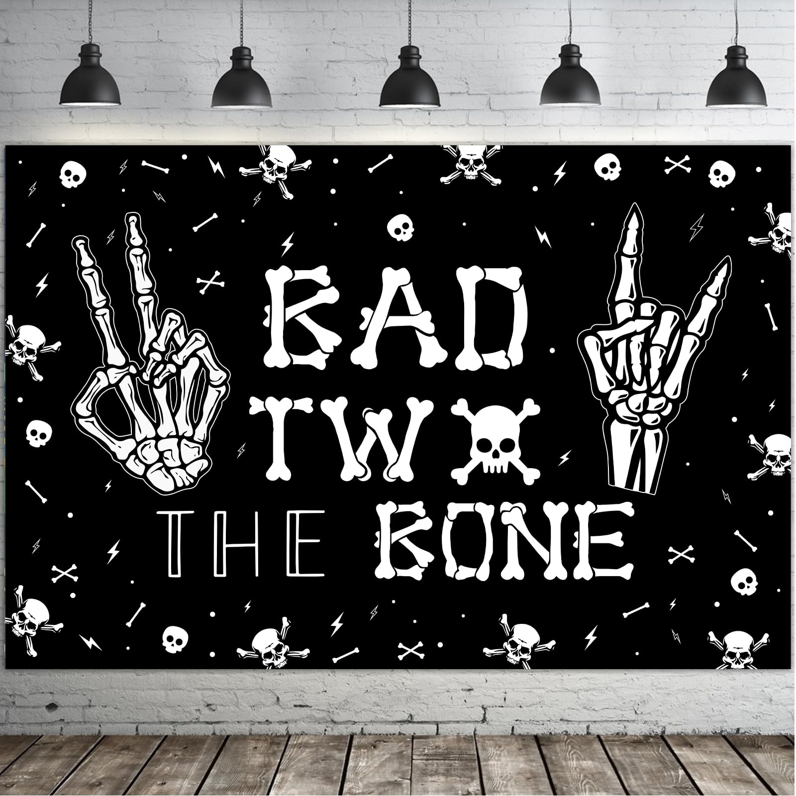 kreat4joy Bad Two The Bone Backdrop Banner 7 x 5 ft, Skeleton Theme 2nd Birthday Decorations for Music Rock and Roll Birthday Pa