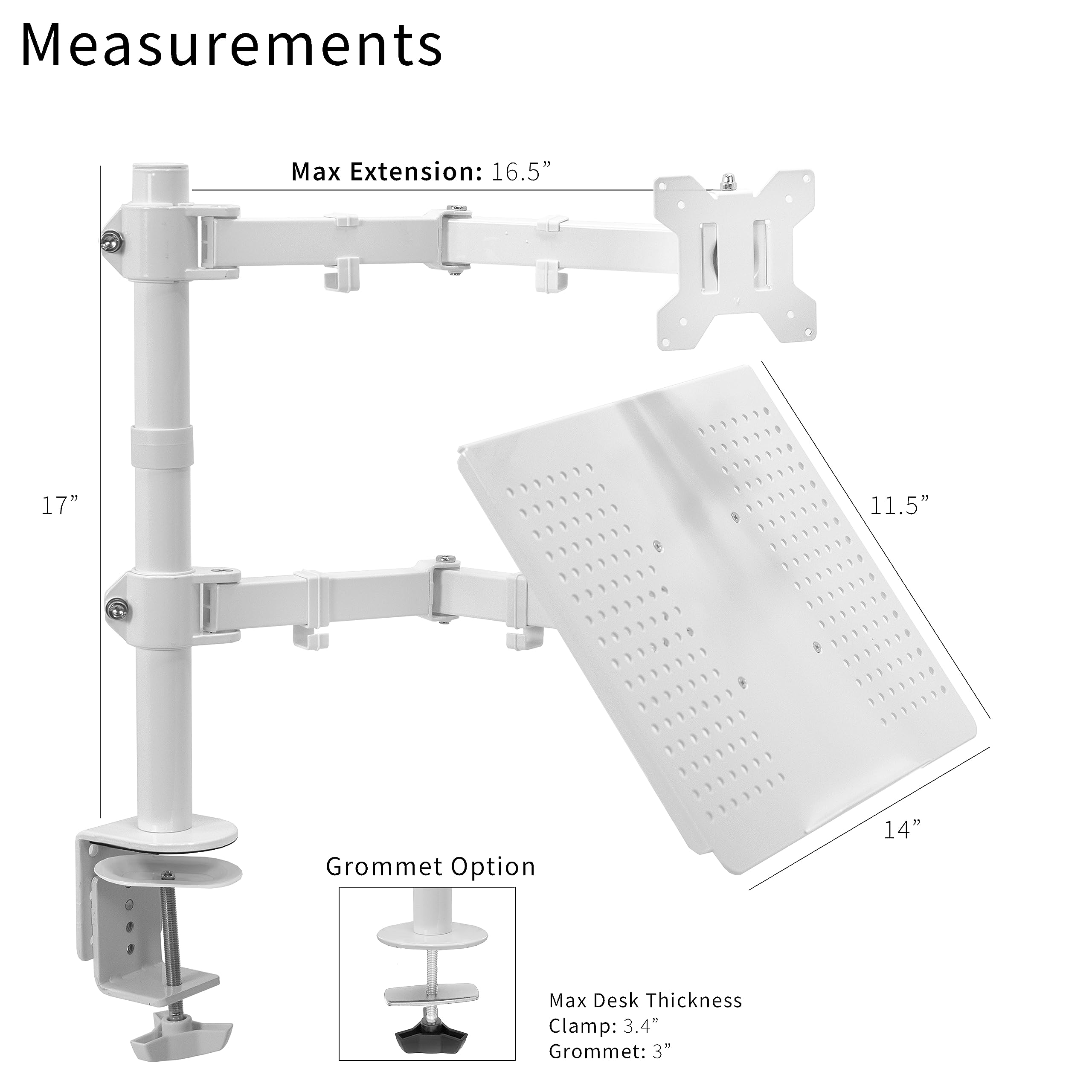 VIVO Fully Adjustable 13 to 32 inch Single Computer Monitor and Laptop Desk Mount Combo, Stand with Grommet Option, Fits up to 17 inch Laptops, White STAND V002CW