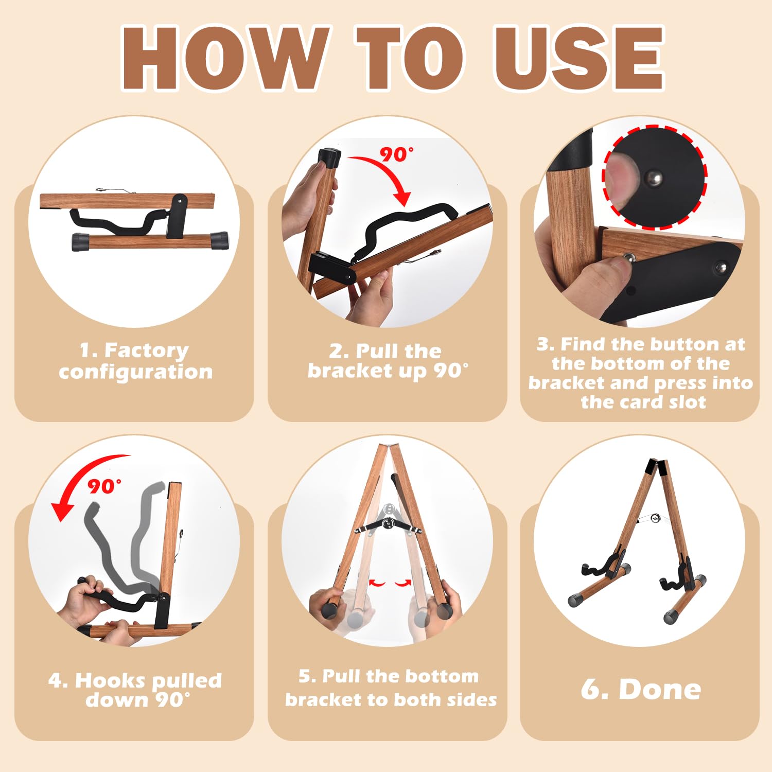 Dommi Guitar Stand, Folding Acoustic Guitar Stand With Soft Foam Arms, Wooden Guitar Stands Floor For Acoustic, Bass, Electric G