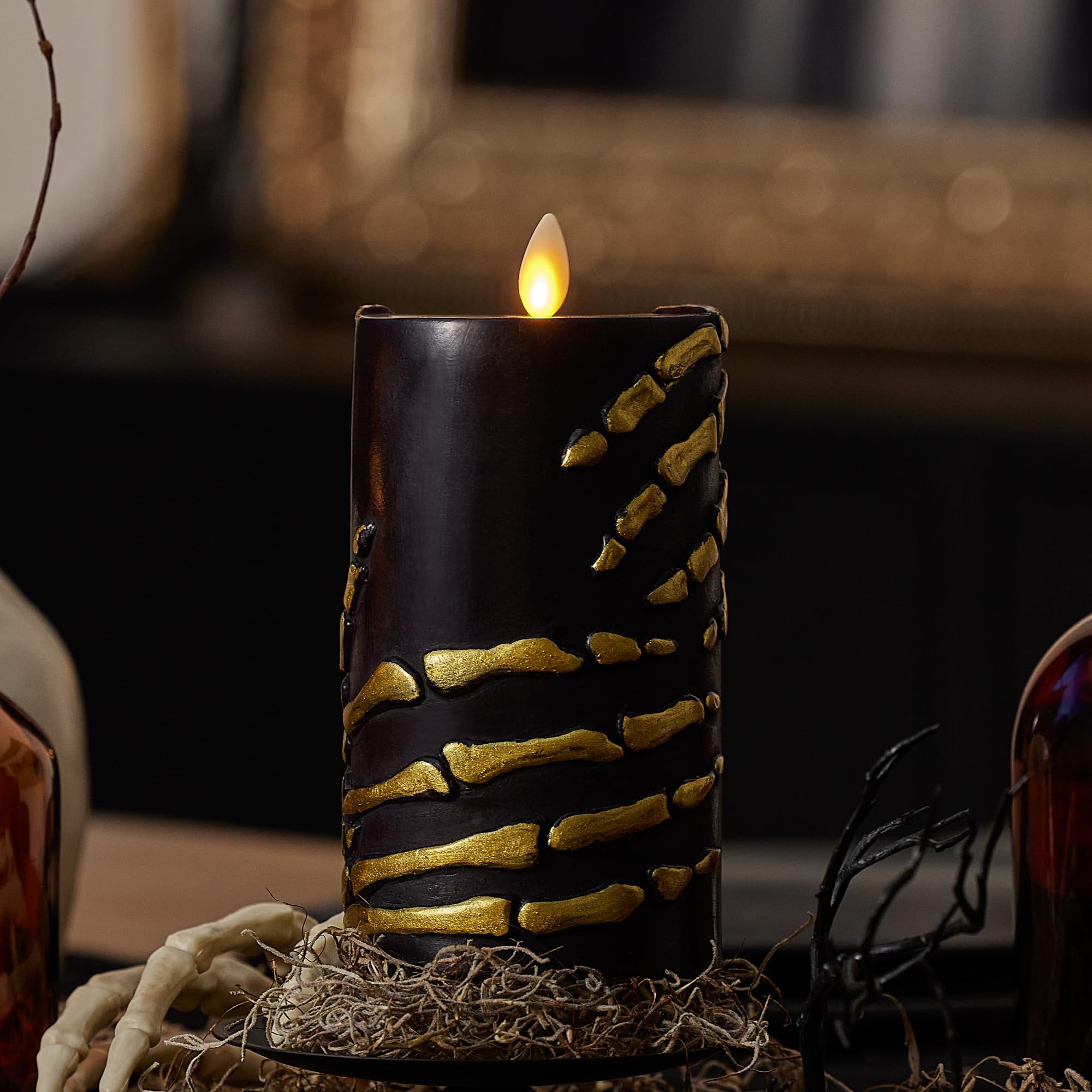 Luminara Black And Gold Skeleton Hands Flameless Led Candle, Flat Top Moving Flame Pillar, Real Unscented Wax And Timer (3.25''
