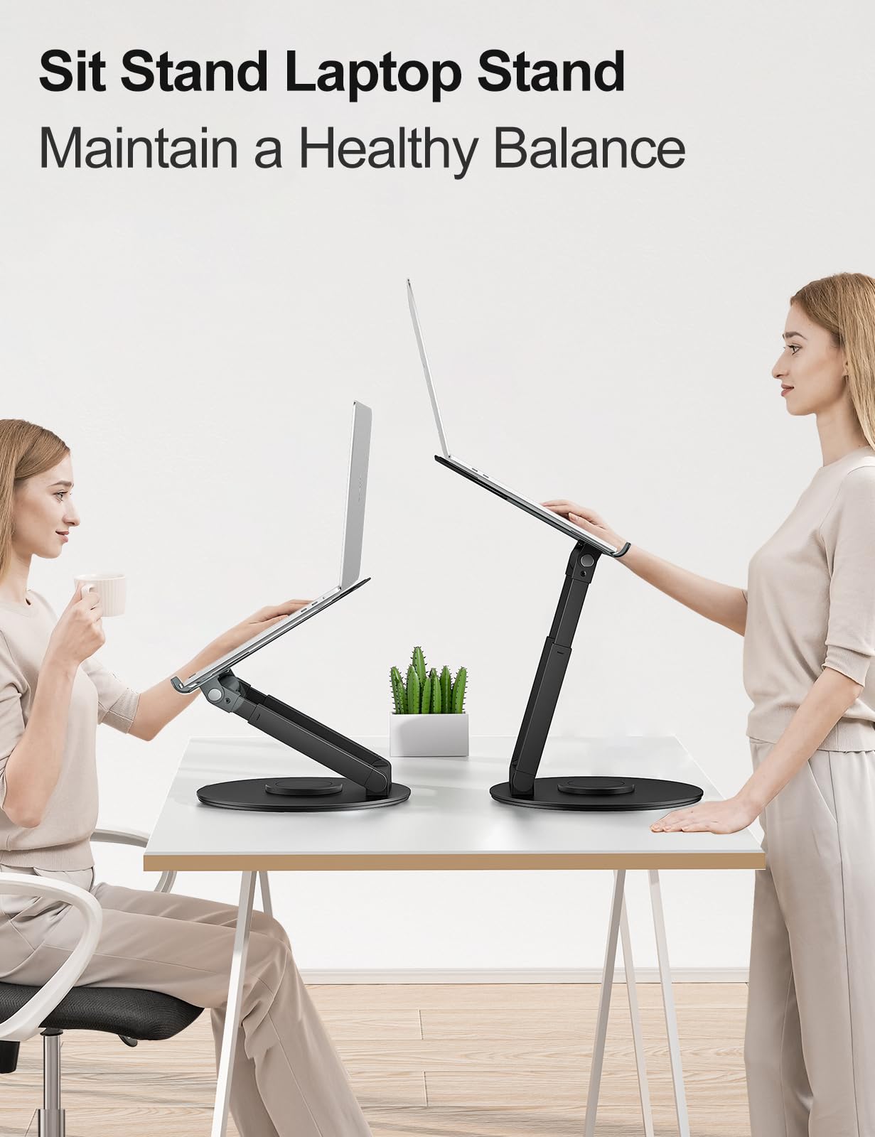 Tounee Telescopic Laptop Stand For Desk With 360 Swivel Base, Sit To Stand, Height Adjustable, Portable Riser Holder For Good Po