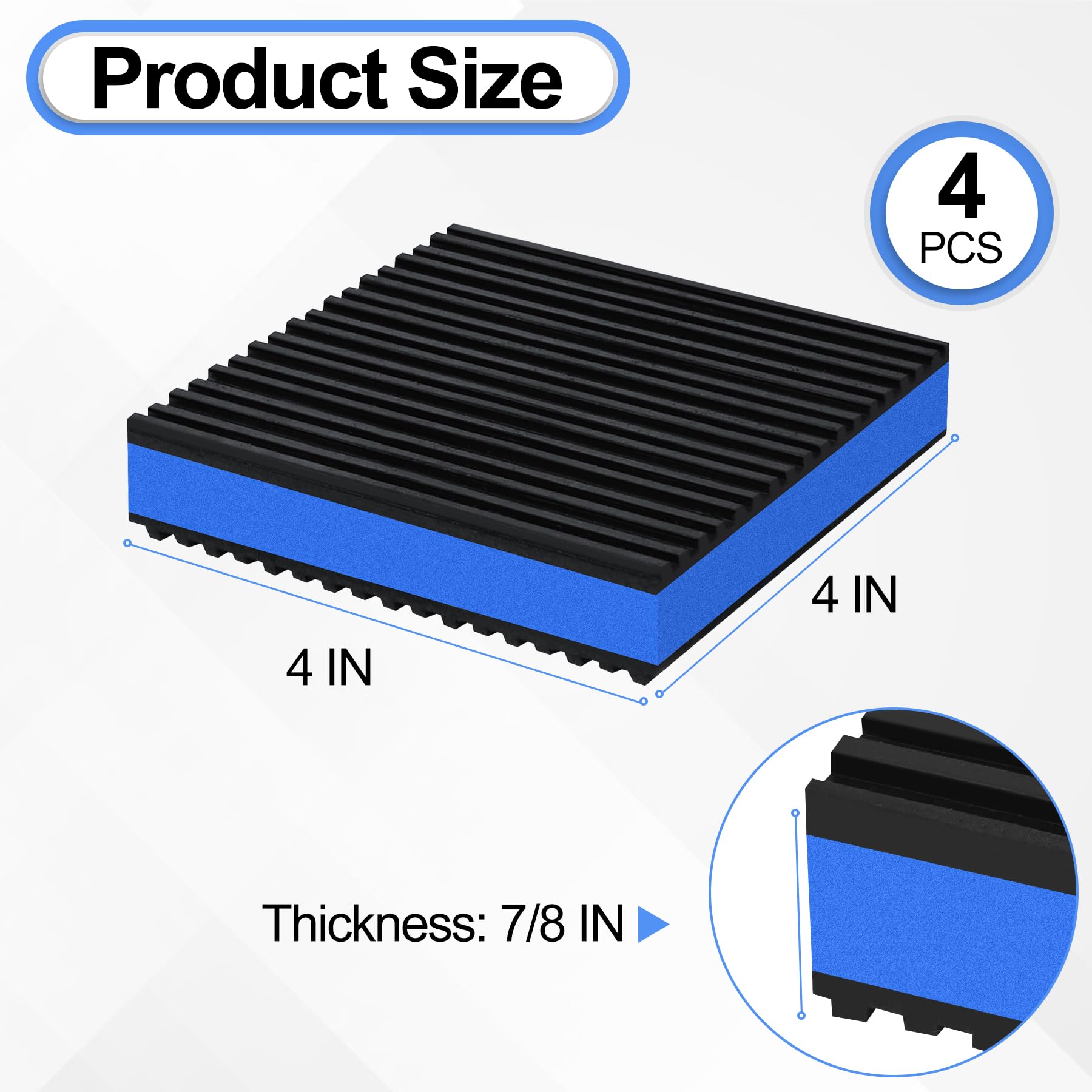 Phepetroll 4P Anti Vibration Pads 4'' X 4'' X 7/8'' Sound Isolation Ribbed Rubber Mats With Eva Center, Heavy Duty Vibration Iso