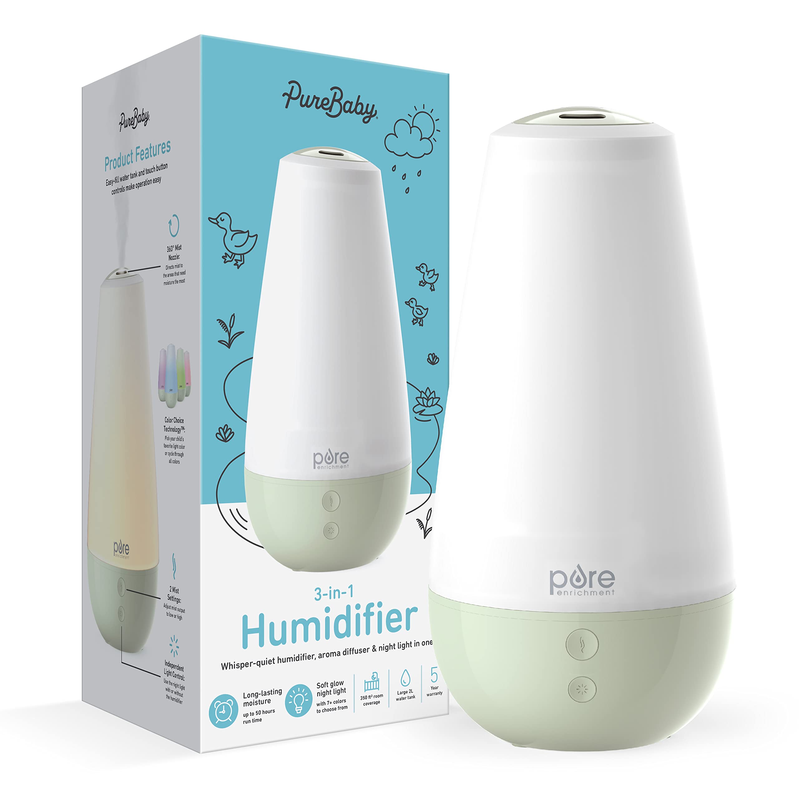 Pure Enrichment Purebaby 3 In 1 Whisper Quiet Humidifier, Color Changing Night Light, & Essential Oil Diffuser For Baby Nursery