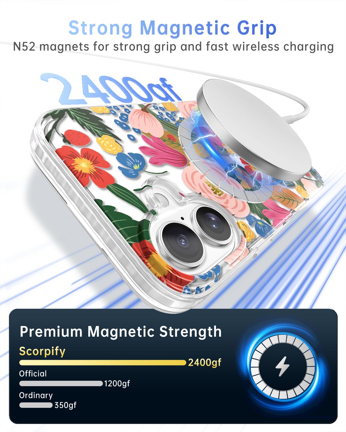 Scorpify For Iphone 16 Case [Compatible With Magsafe] With Camellia Blossom Floral Design, Cute Clear Flower Magnetic Phone Cove