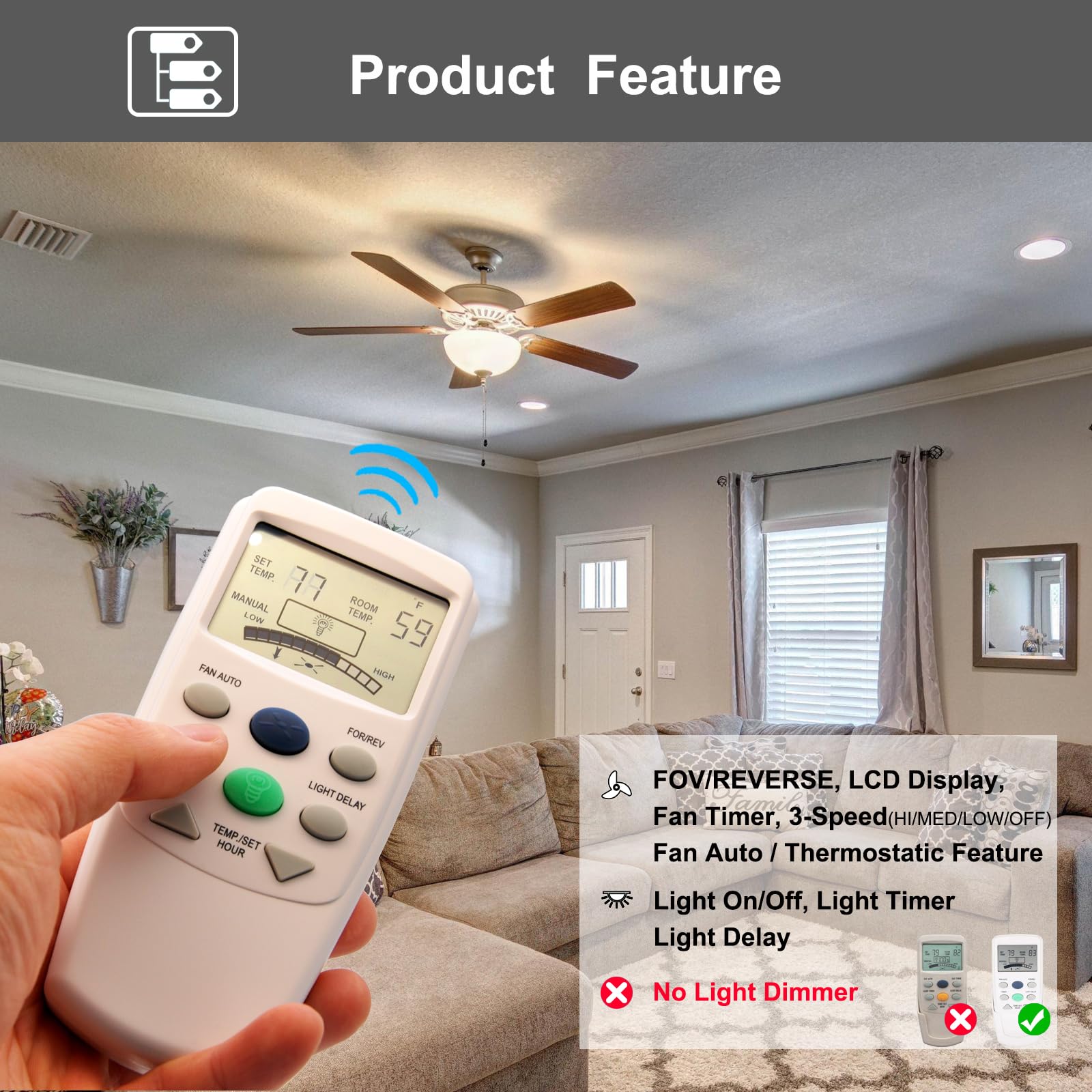 Cenming Thermostatic Replacement Remote For Hampton Bay Ceiling Fan Remote Control,With Reverse Timer 3 Speed, Lcd Display Temp,