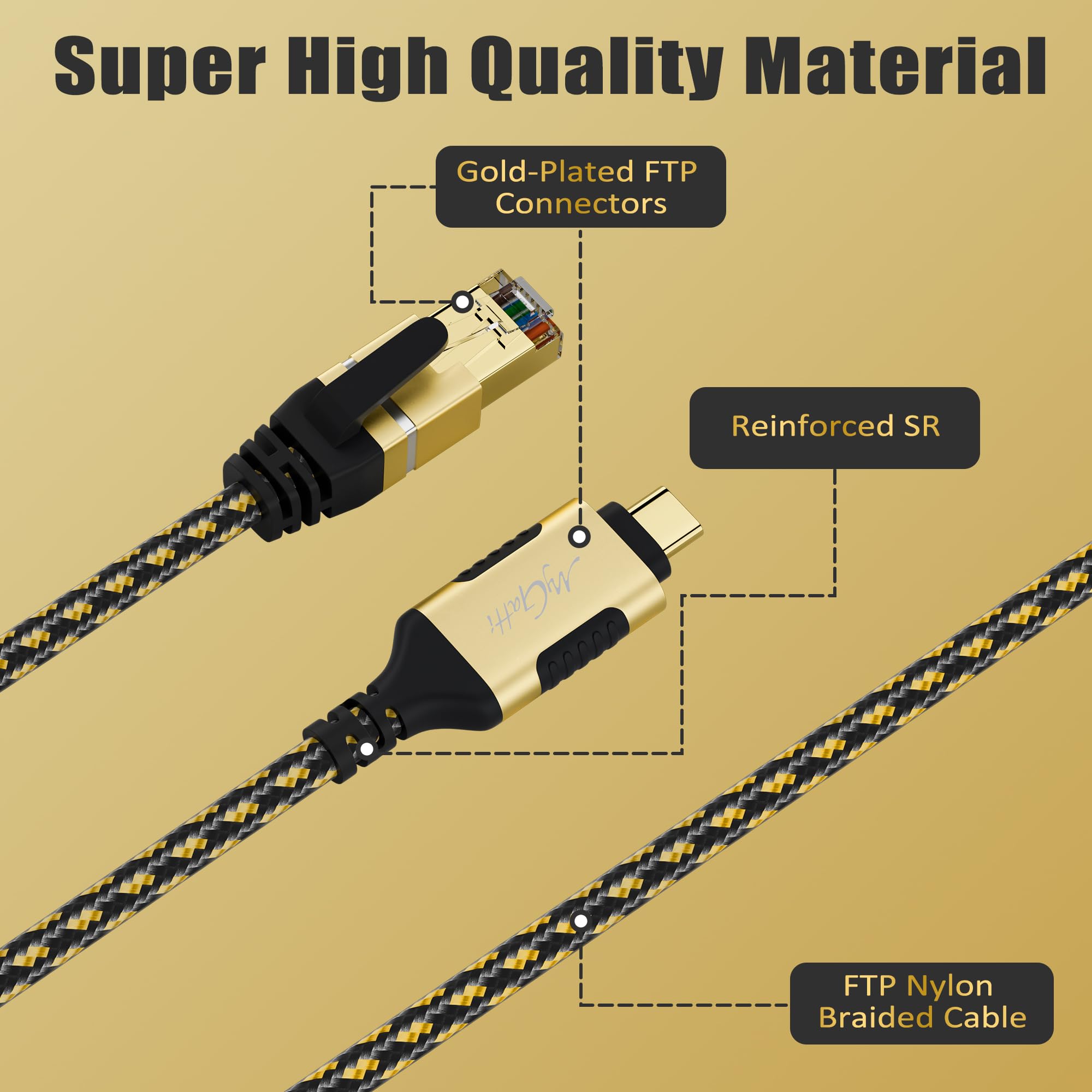 Usb C To Ethernet Adapter Cable 10 Ft, Upgrade Usb C To Rj45 Cable, Gold Plated, Nylon Braided, Gigabit Lan Network To Usb C Cor