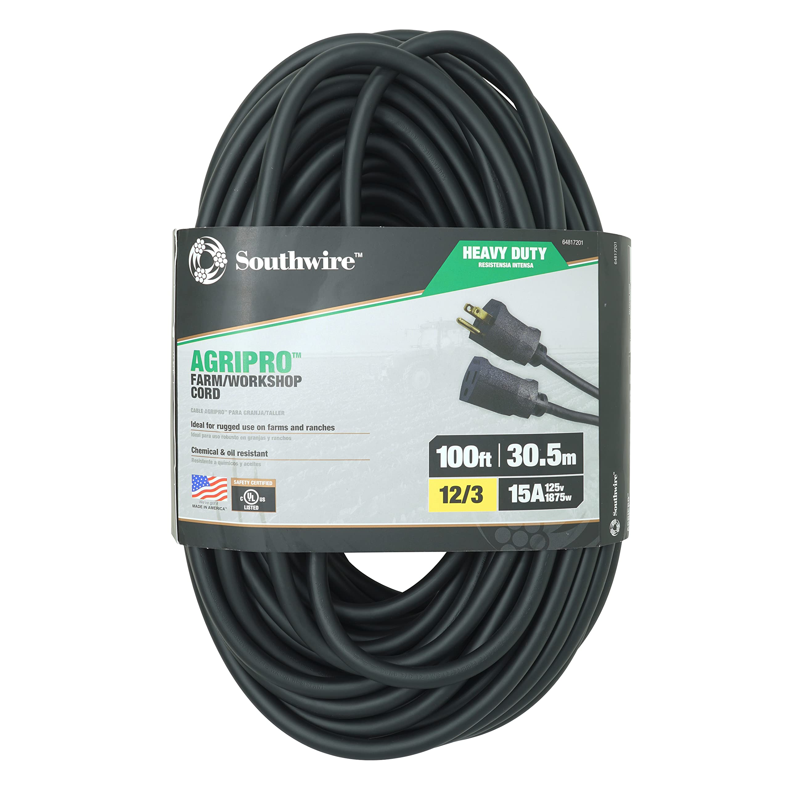 Southwire Agripro 12/3 Heavy Duty Extension Cord, 100Ft, Farm/Workshop Cord, Sjtow, Black, 64817201