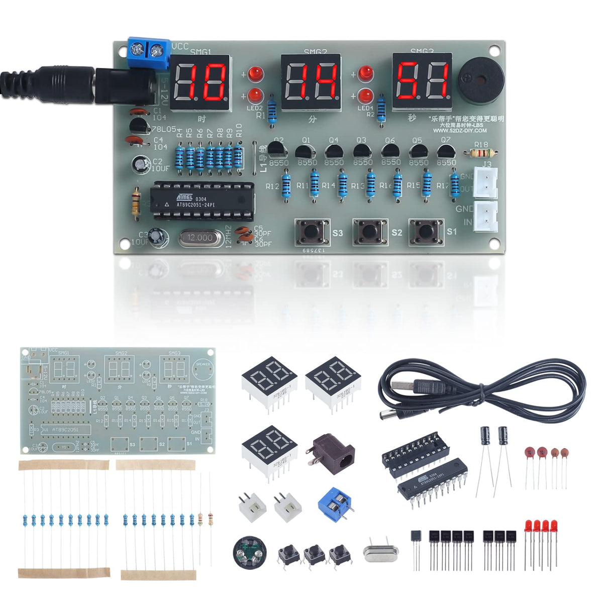 Mioyoow C51 6-Digit Diy Digital Electronic Clock Kit At89C2051 Chip Alarm Clock Kit Soldering Practice Learning Kits With Usb Ca