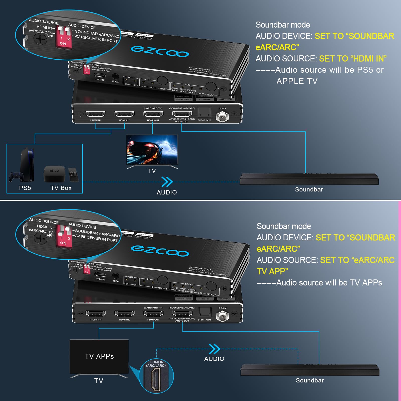 4K@120Hz Hdmi 2.1 Switch 2 In 1 Out With Audio Extractor Vrr Allm Hdcp2.3 Arc Earc Hdr Cec Spdlf Optical Audio Out D O L B Y Dig