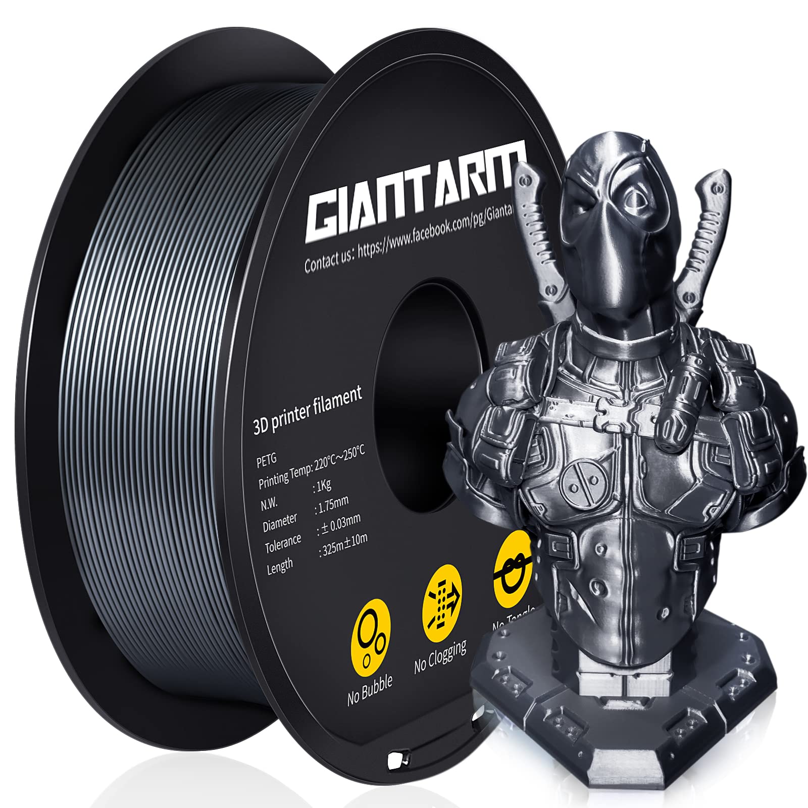 Giantarm Silver Petg 3D Printer Filament Toughness Enhanced 1Kg (2.2Lbs), 1.75Mm Dimensional Accuracy +/ 0.03Mm, 1080 Feet(330M/