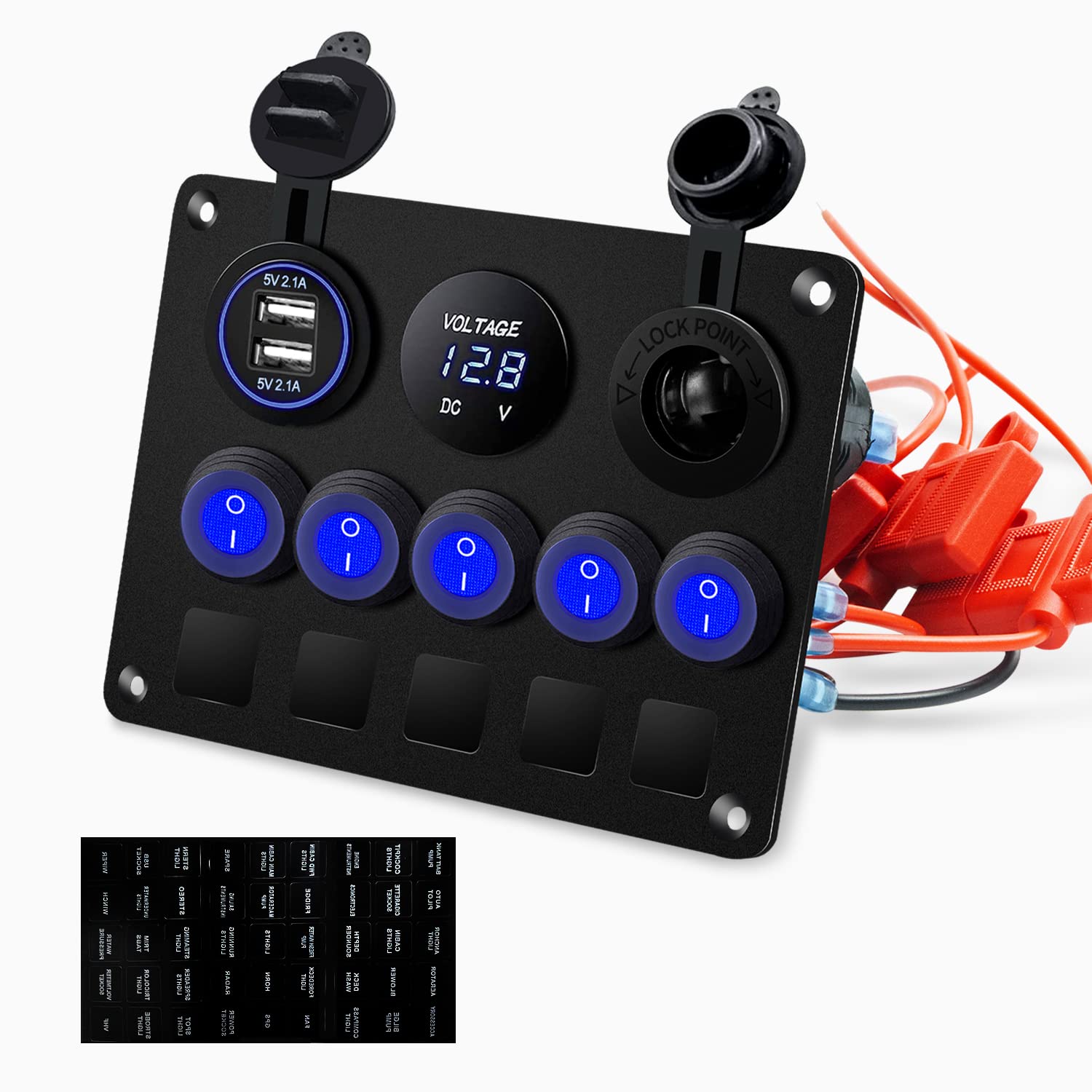 Upgrade Blue 5 Gang Marine Boat Rocker Switch Panel Circuit Breakers, Waterproof Switch Panel With 15A Inline Fuse For Truck Rv,
