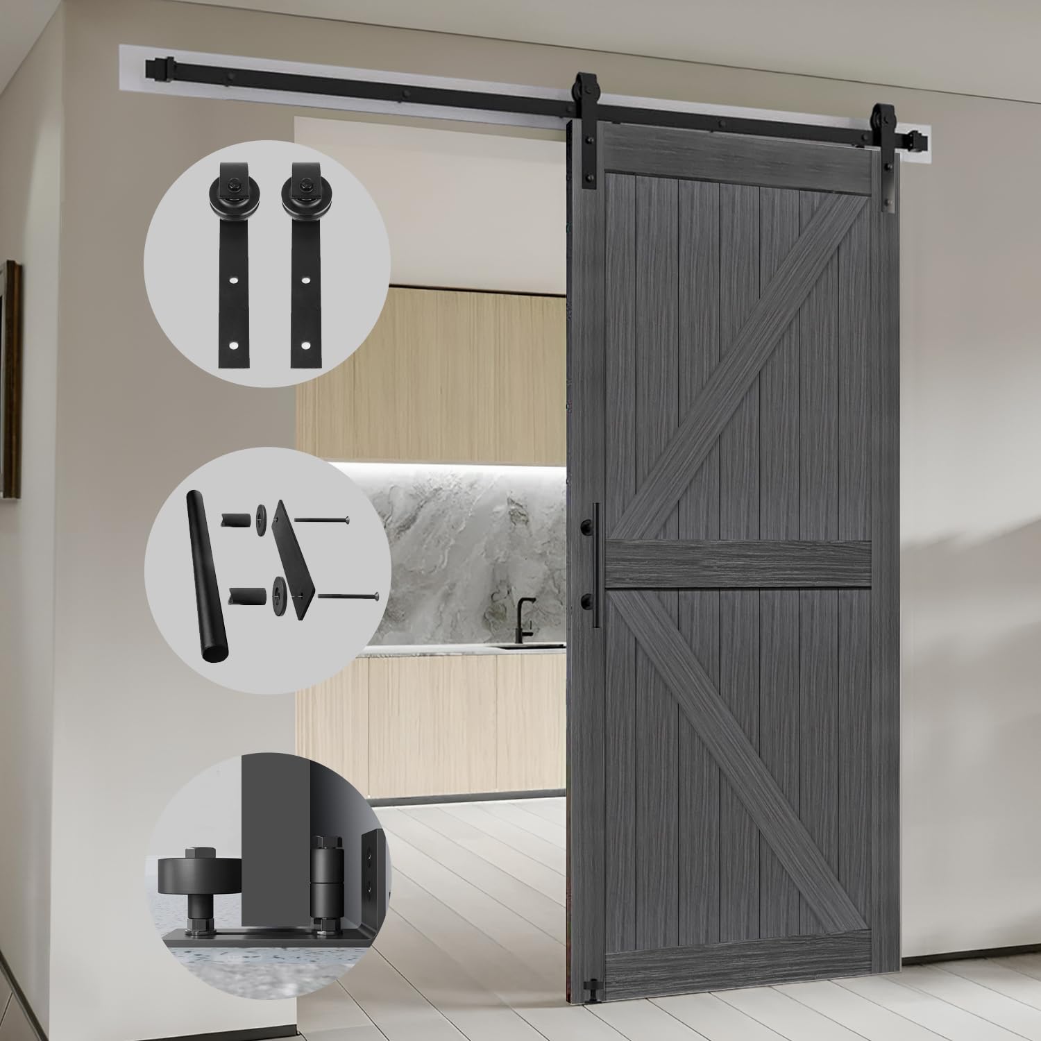 S&Z Tophand 38 In X 84 In Deep Gray British Brace Knotty Barn Door With 6.6Ft Sliding Door Hardware Kit/Double  Sided Door Handl