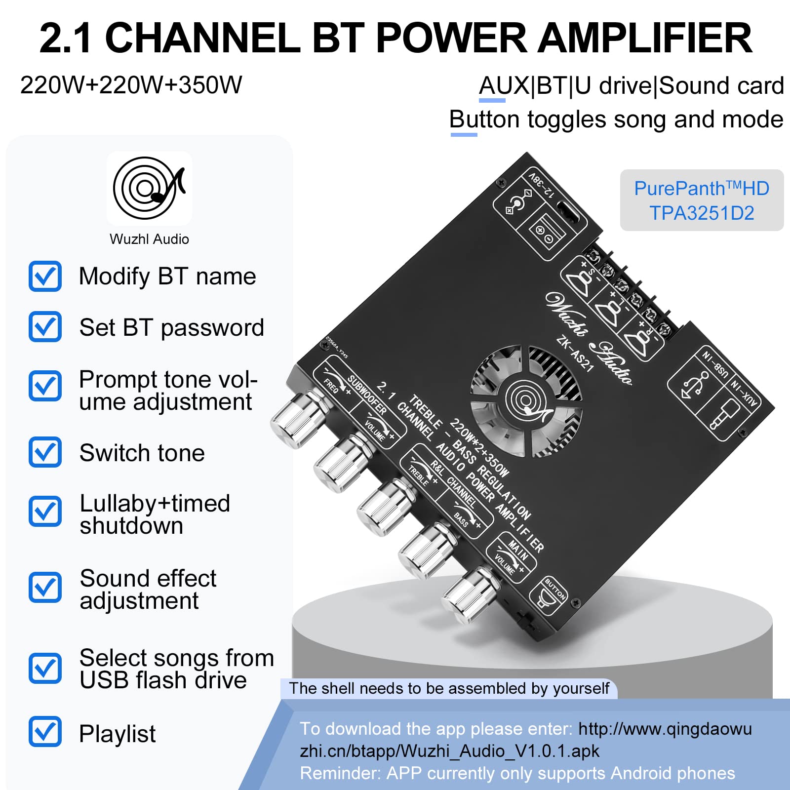 Bluetooth Power Amplifier Board Stereo   Hifi 2.1 Channel 2X220W+350W Bluetooth 5.1 16 32V Digital Power Audio Amplifier Module Subwoofer Control With Aux/Bluetooth/Usb Flash Drive (Zk As21)