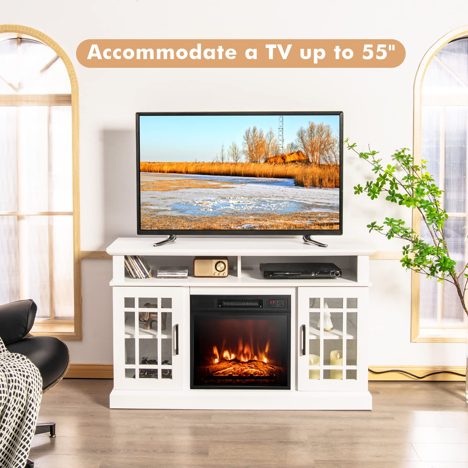 Tangkula Electric Fireplace Tv Stand For Tvs Up To 50 Inch, Fireplace Entertainment Center With Two Side Cabinets & Adjustable S