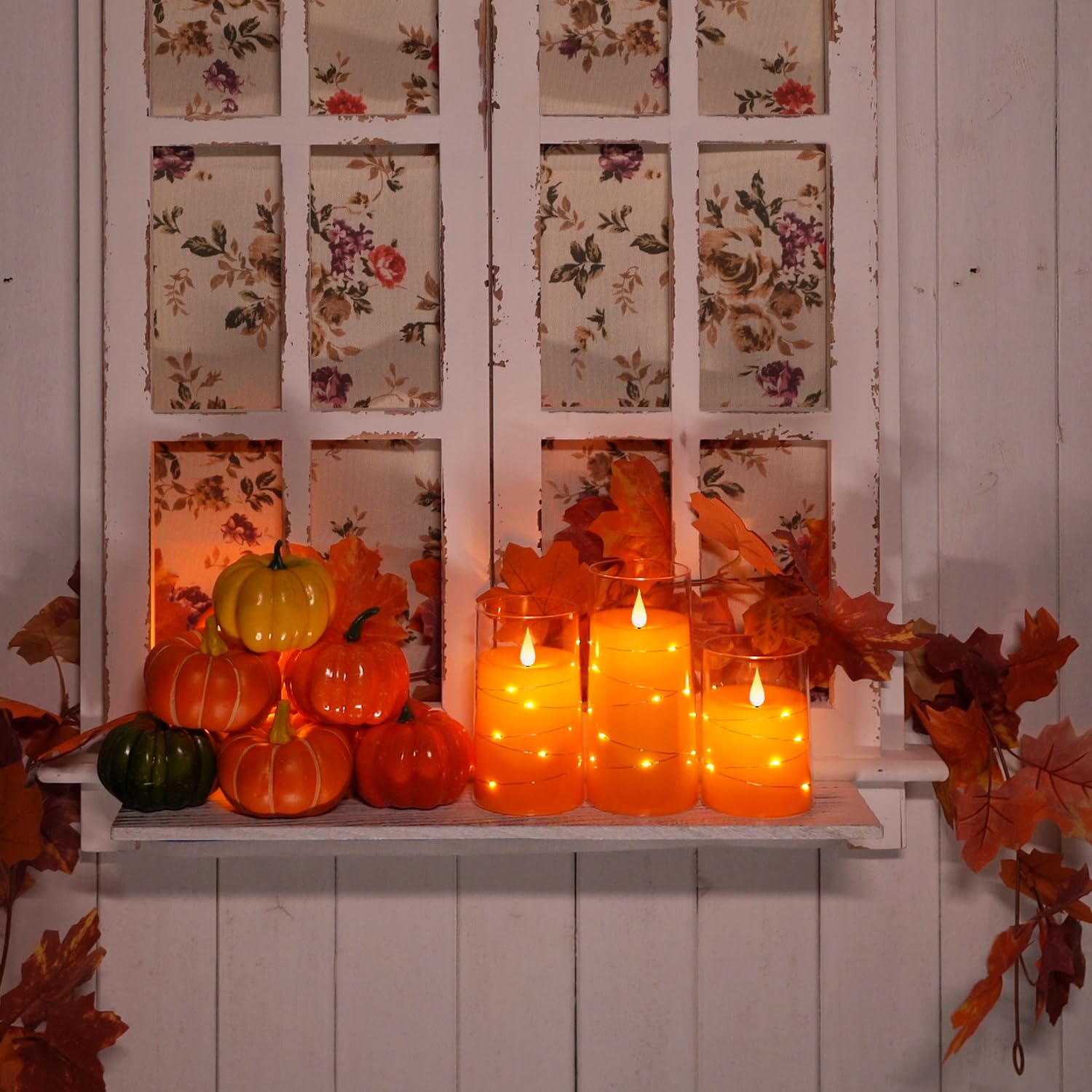 Homemory Halloween Orange Flameless Candles With String Lights, Battery Operated Led Candles With Remote And Timer, Candles For