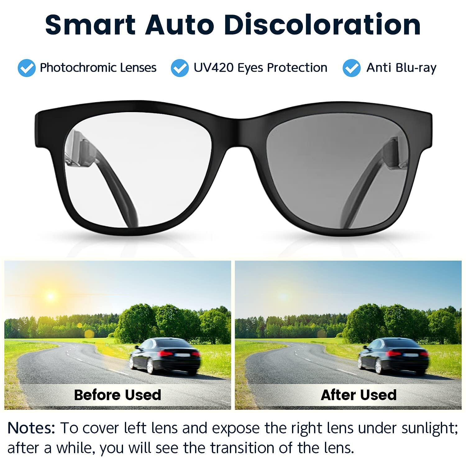 Qztelectronic Bone Conduction Glasses, Open Ear Headphones Bluetooth, Photochromic Sunglasses Anti Blue Ray, Ip6 Waterproof Audi