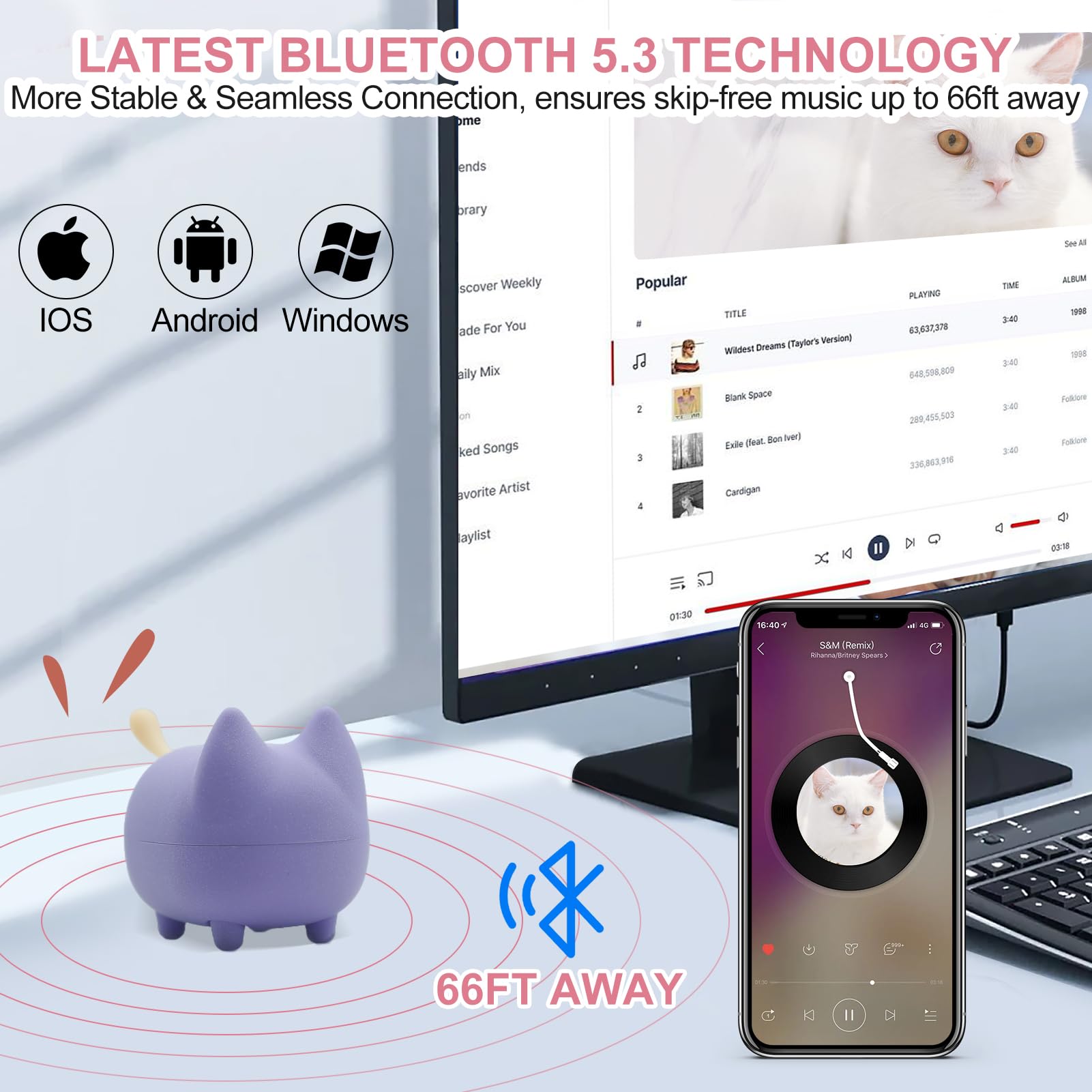 Svemei Small Bluetooth Speaker, Cute Cat Mini Wireless Speakers With Loud Stereo Sound, Built In Mic, Super Bass, Dual Pairing,