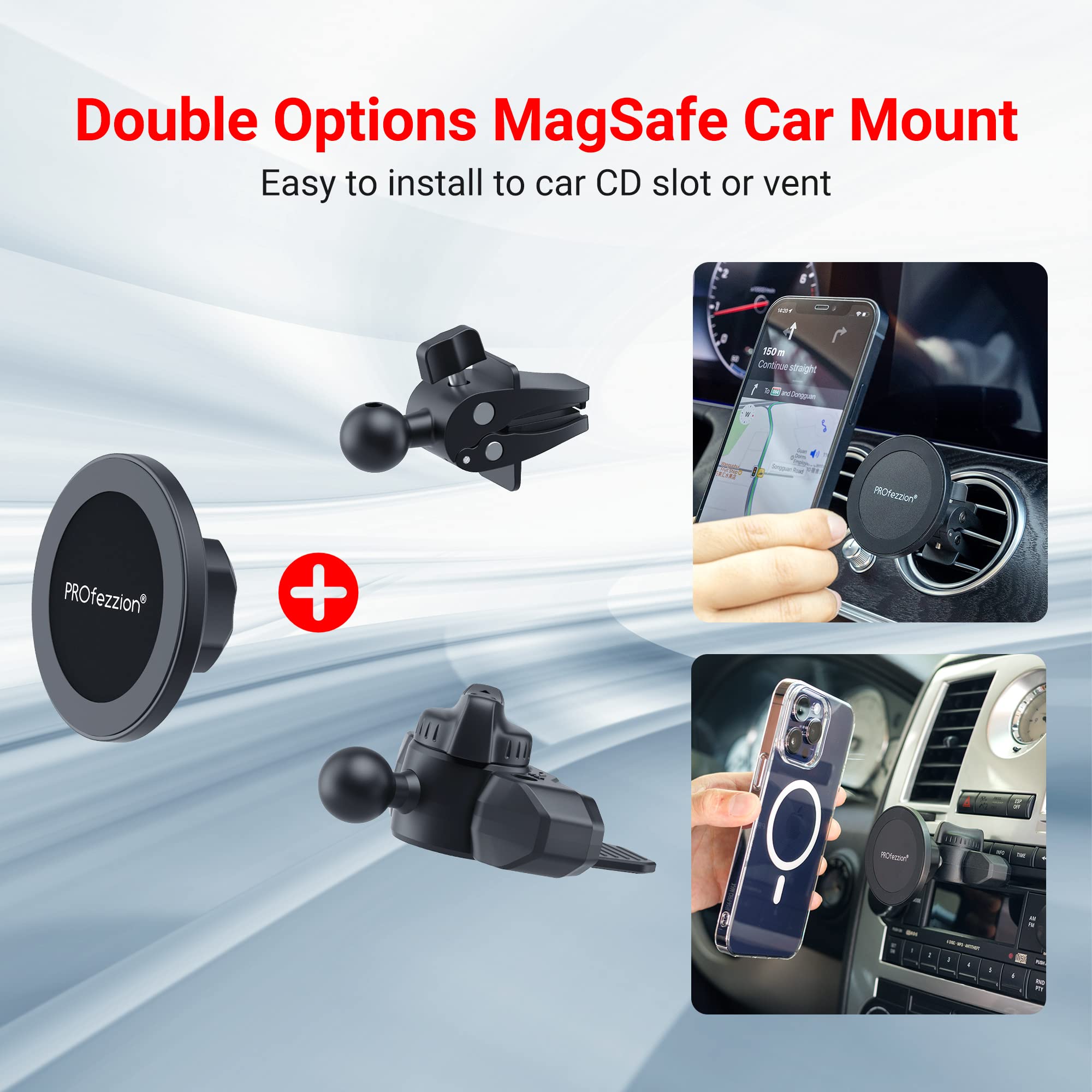 Profezzion Cd Slot & Vent Clip Combo Magnetic Phone Holder Compatible With Magsafe On Car Cd Player Slot Or Air Vent For Iphone