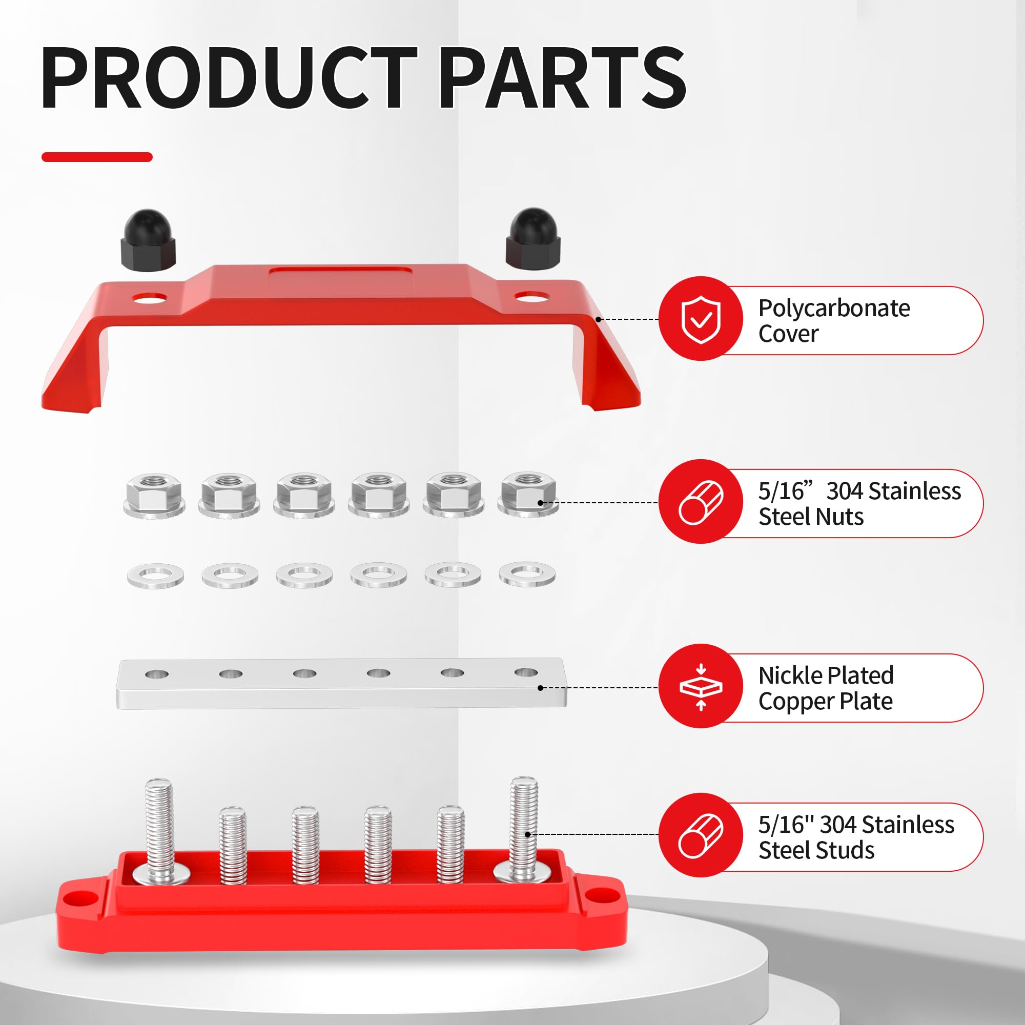 Rvboatpat 150A Power Distribution Block 12V Bus Bar 6 X 5/16'' Terminal Stud Positive & Ground Battery Bus Bar For Marine Boat A