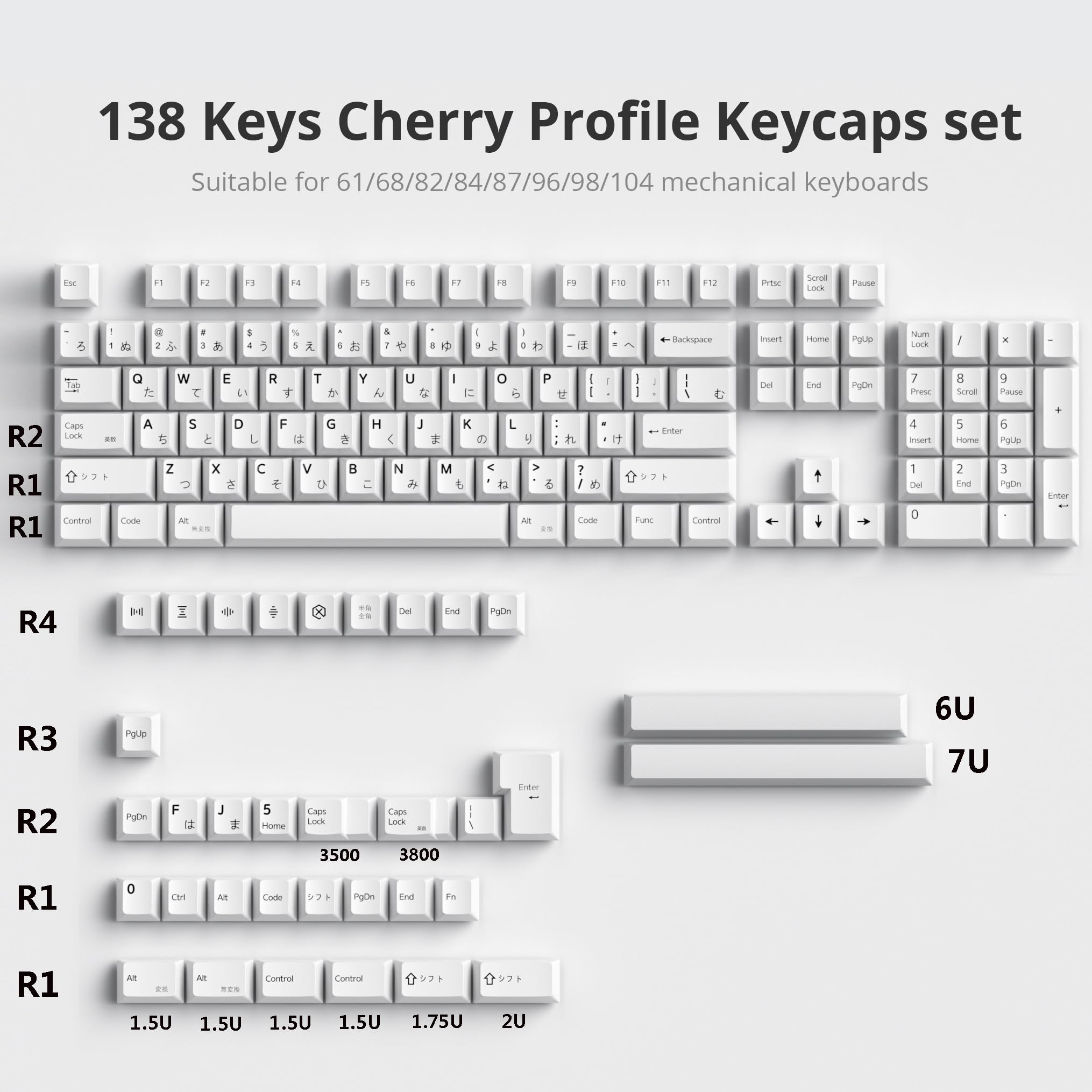 Guffercty kred GTSP 135 Japanese White Keycaps - DYE-Sub Cherry Profile for MX Switches, 6.25U/6U Space Bar, Minimalist Design