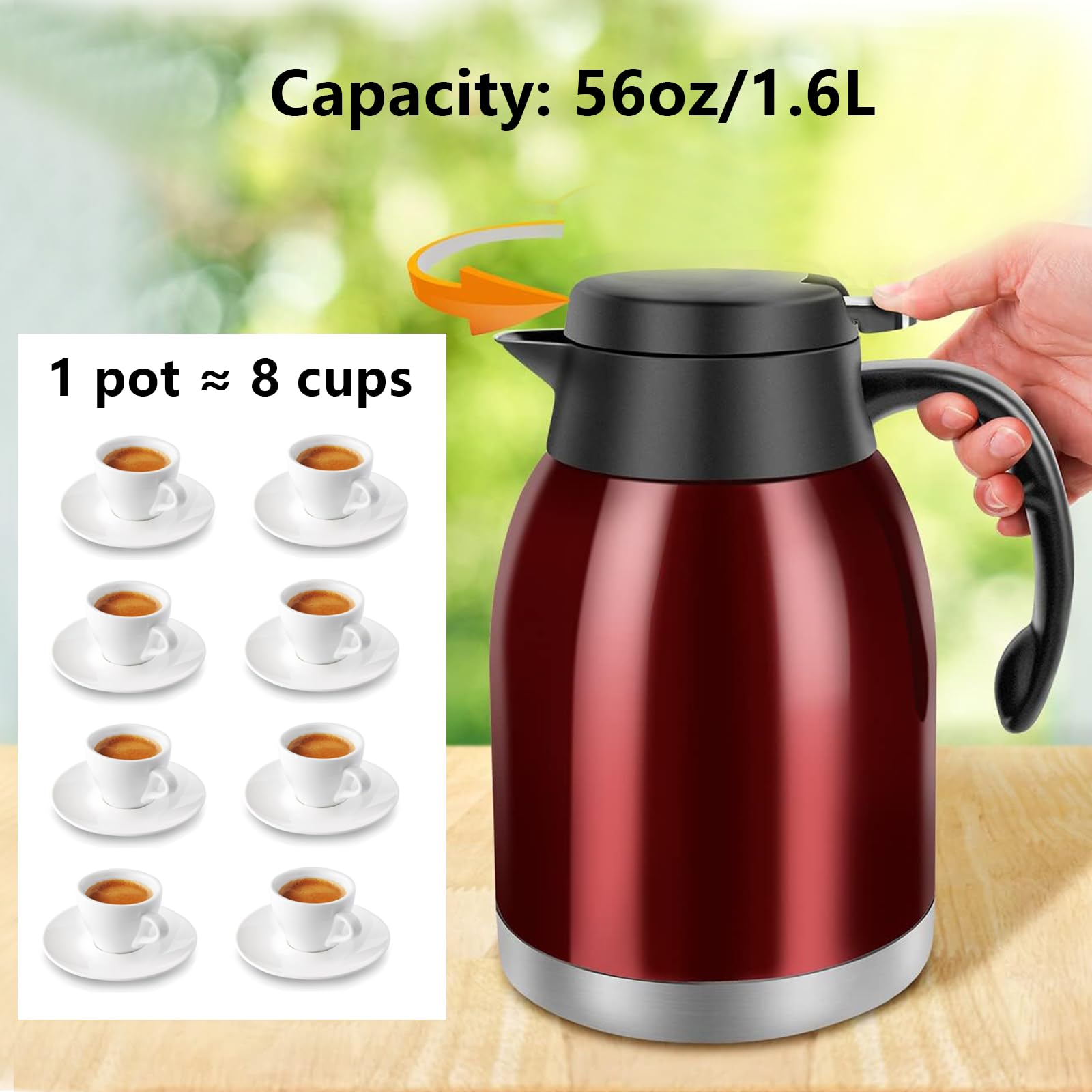 Stainless Steel Thermal Coffee Carafe Dispenser, Unbreakable Double Wall Vacuum Thermos Flask Large Capacity 54Oz 1.6L Water Tea