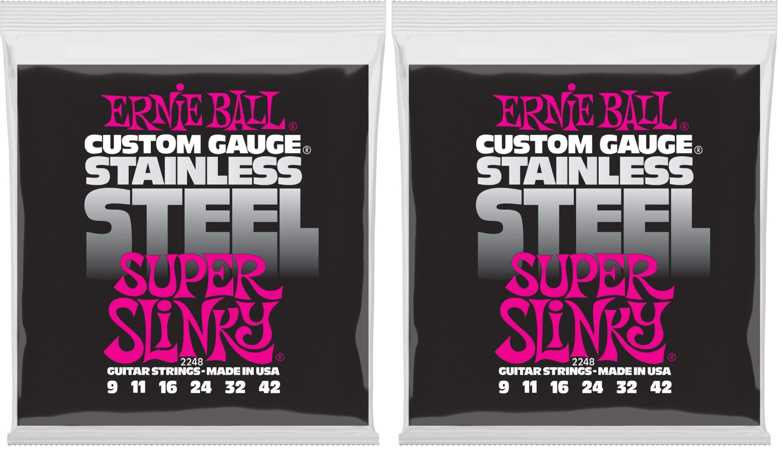 Ernie Ball Super Slinky Stainless Steel Electric Guitar Strings, 9-42 Gauge (P02248) (Pack of 2)
