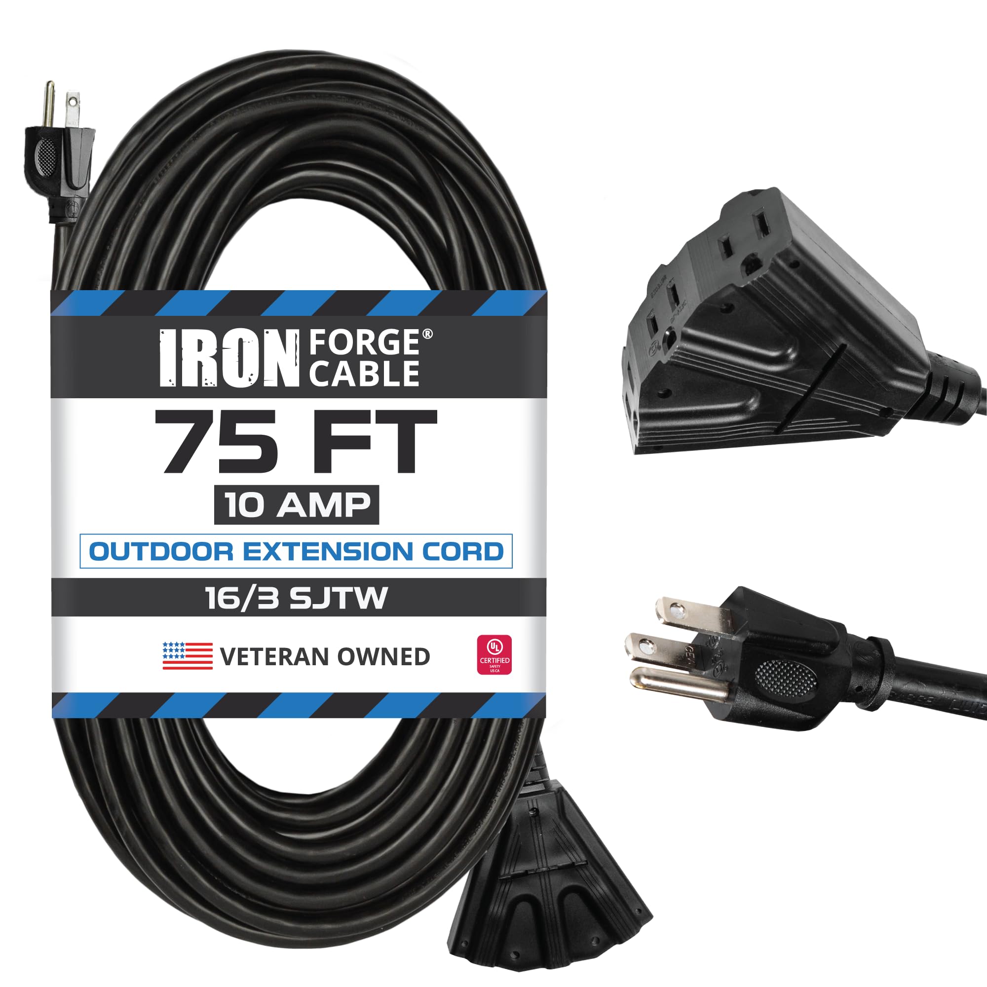 Iron Forge Cable 3 Outletoutdoor Extension Cord 75 Ft, 16/3 Sjtw Black Extension Cord With Multiple Outlets 3 Prong, 13 Amp Exte