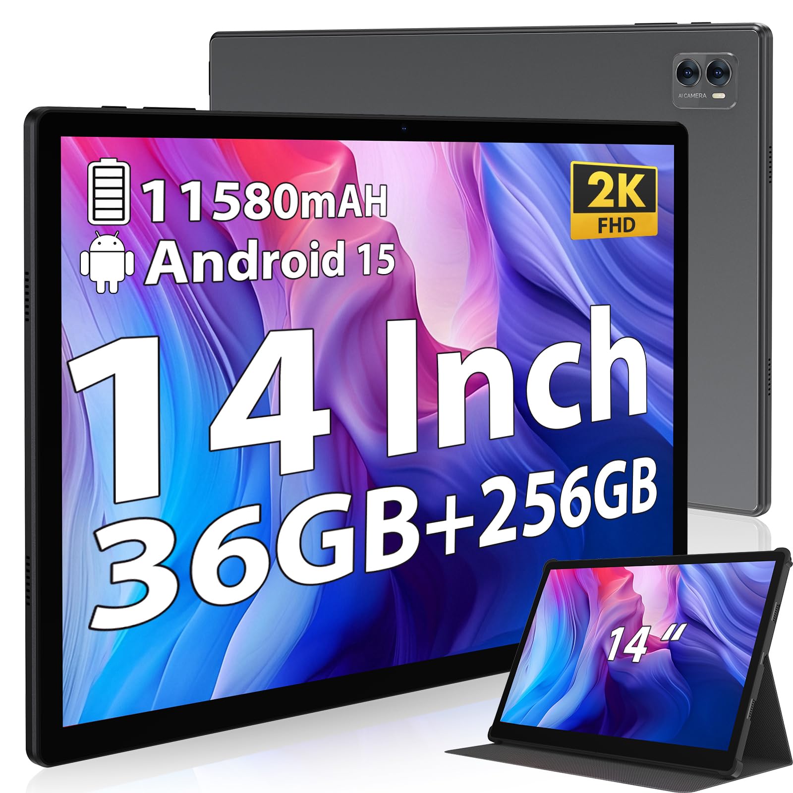 Tablet 14 Inch Android 15 Tablets, 2000*1200 IPS Display Tablets, 256GB Storage(Expand to 2TB) + 36GB,11580 mAh 18W PD Fast Char