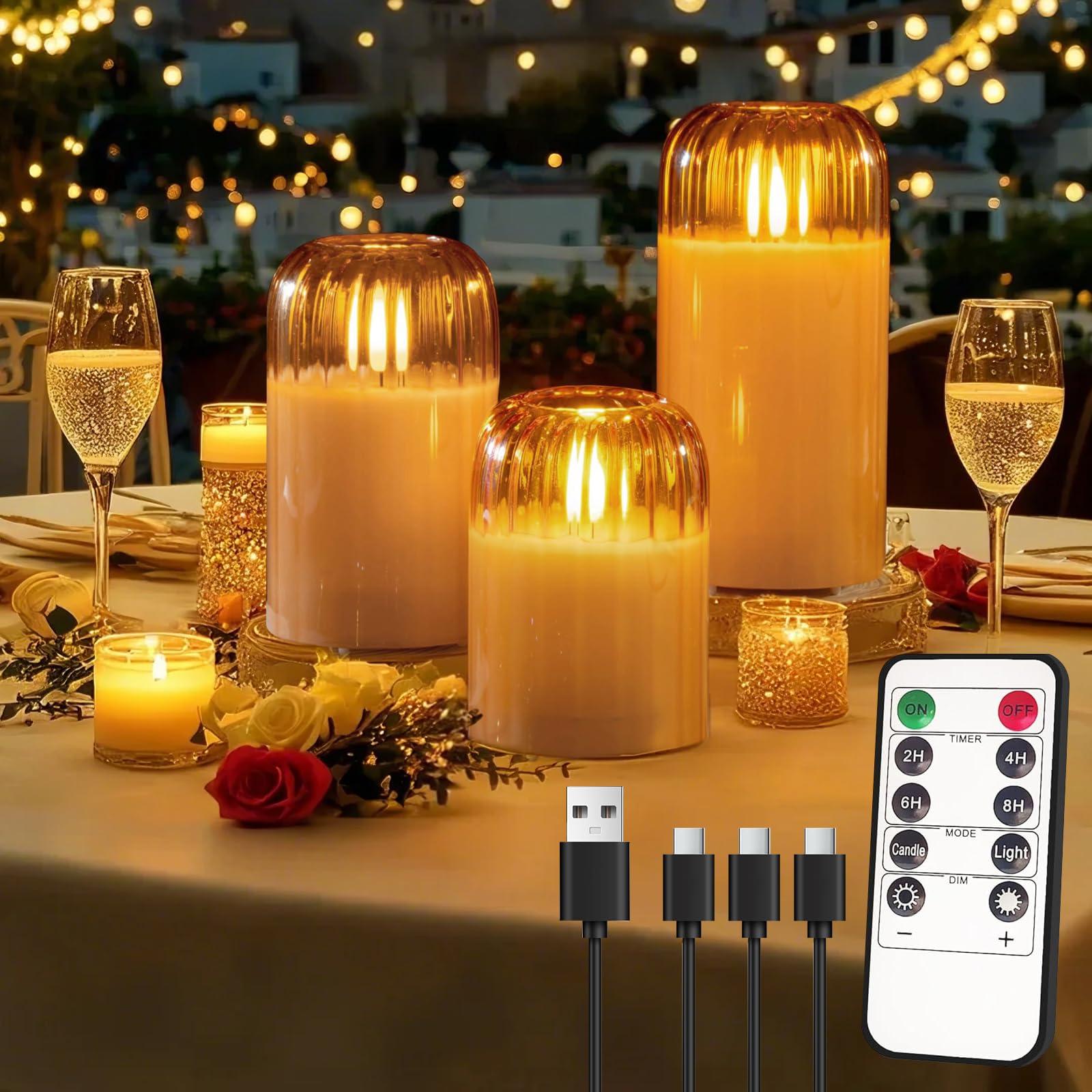 Ledholyt Rechargeable Jar Flameless Candle, Flashing Led Pillar Halloween Candle With Remote Control And Timer, Gold Pumpkin Gla