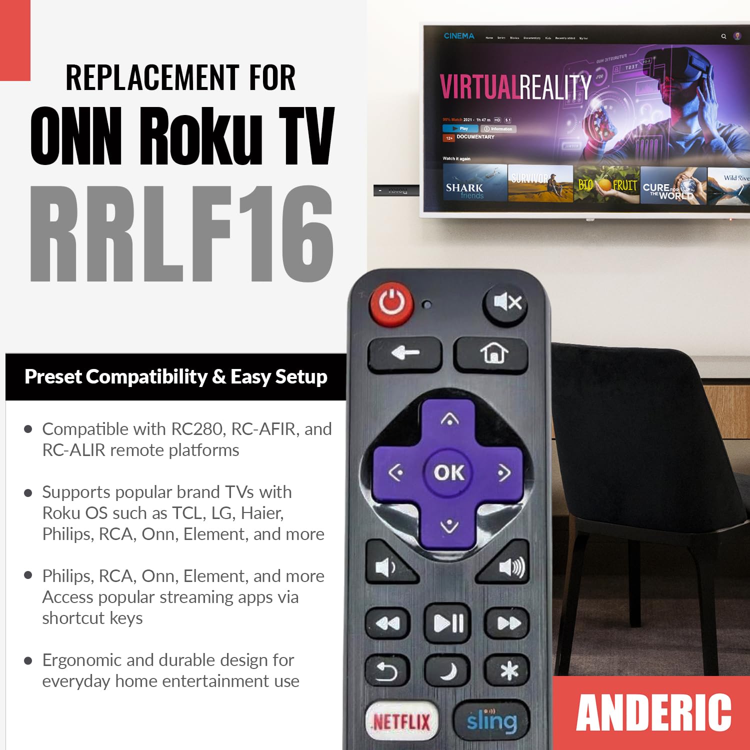 Anderic RRLF16 Remote Control for most Roku TVs such as ONN, Hisense, Philips, TCL, Hiro [RRLF16]