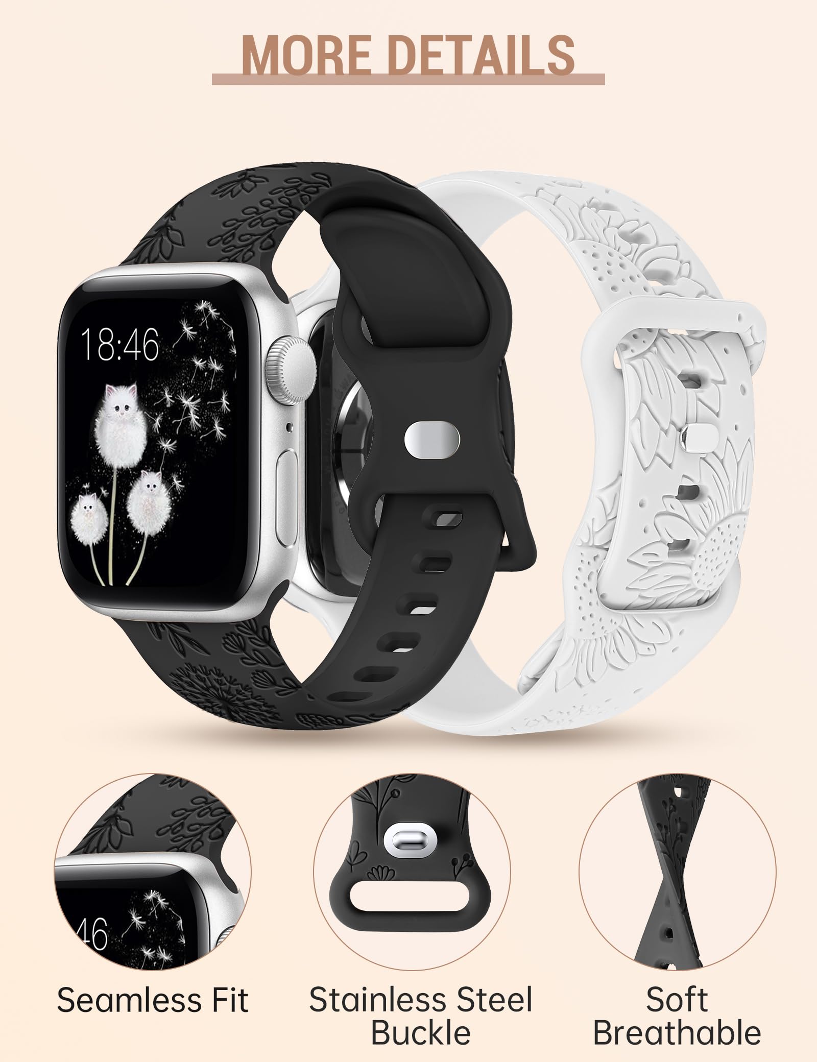Minyee 2 Packs Floral Engraved Band Compatible With Apple Watch 49Mm(Ultra) 45Mm 44Mm 42Mm Women, Cute Silicone Dandelion Sunflo