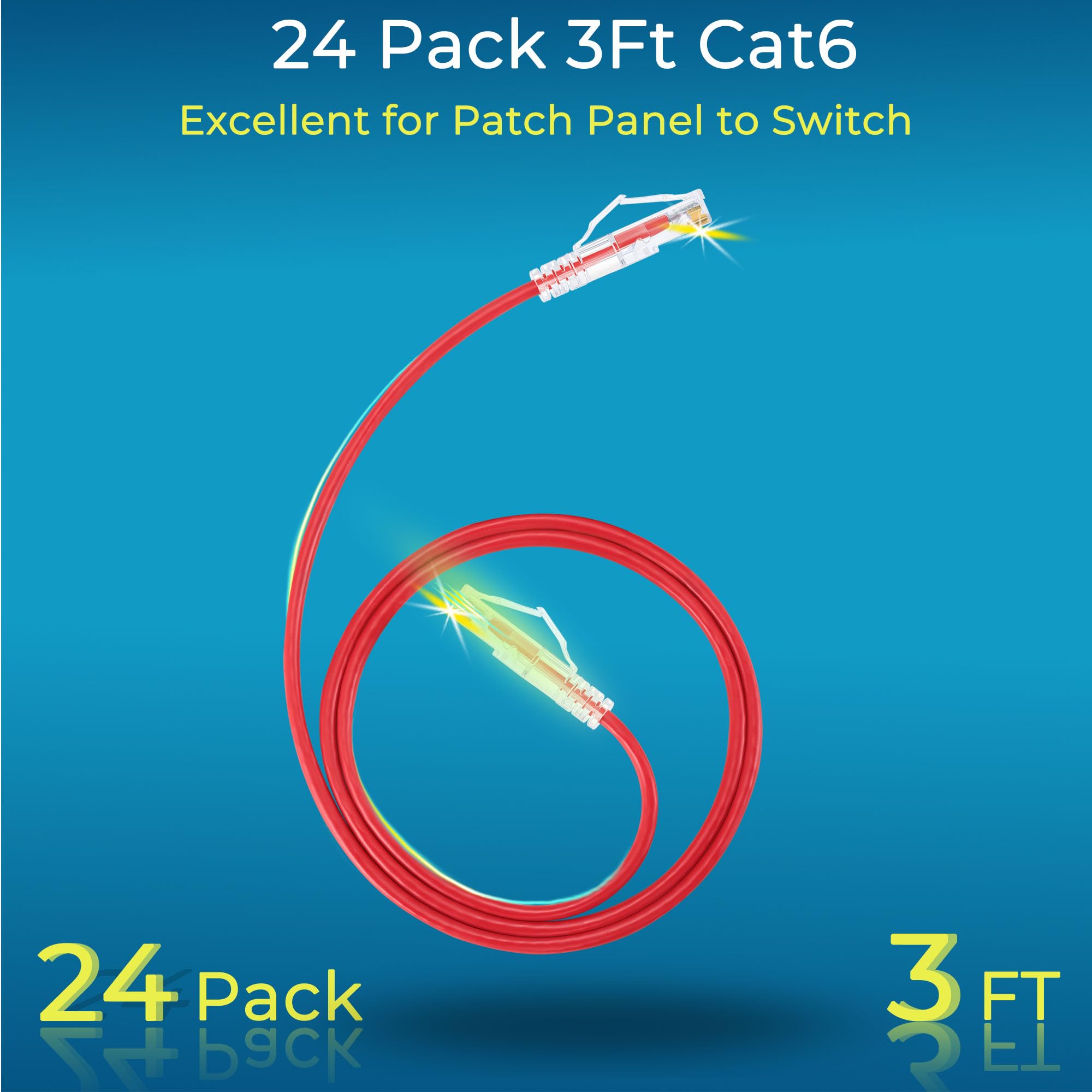 Rapink Patch Cables Cat6/ Cat6A 3Ft (24 Pack) Slim, Cat6A Ethernet Patch Cable 10G Support, Snagless Cat 6 Patch Cable For Patch Panel To Switch, Flexiable Cat6 Ethernet Cable Red