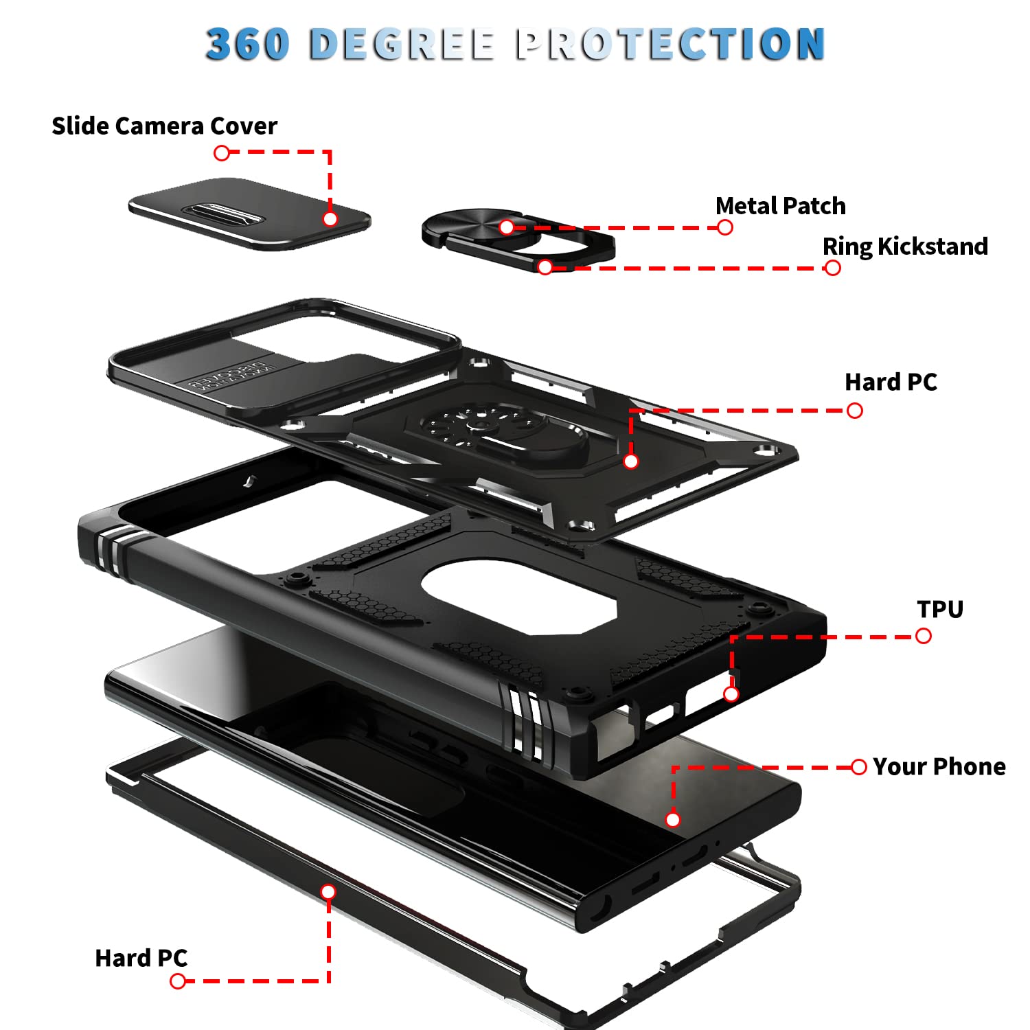 Pasnew For Samsung Galaxy S23 Ultra Case Military,360 Metal Ring Kickstand & Camera Slide Cover,Multi-Layer Heavy Duty Full Body