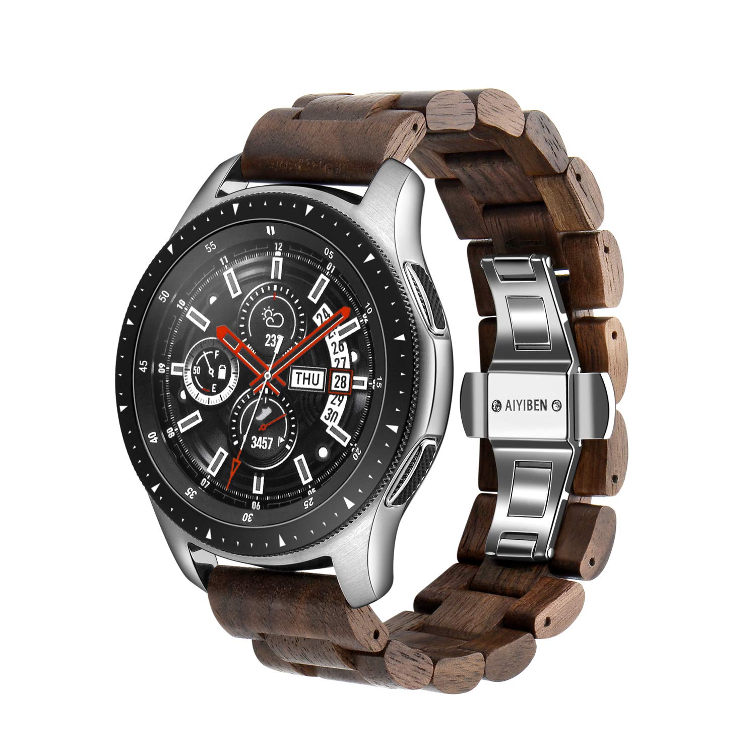 Wood Watchband 22mm for Samsung Galaxy, 46mm wooden Stainless Steel Watch Band Quick Release Strap Replacement Bracelet Wristban