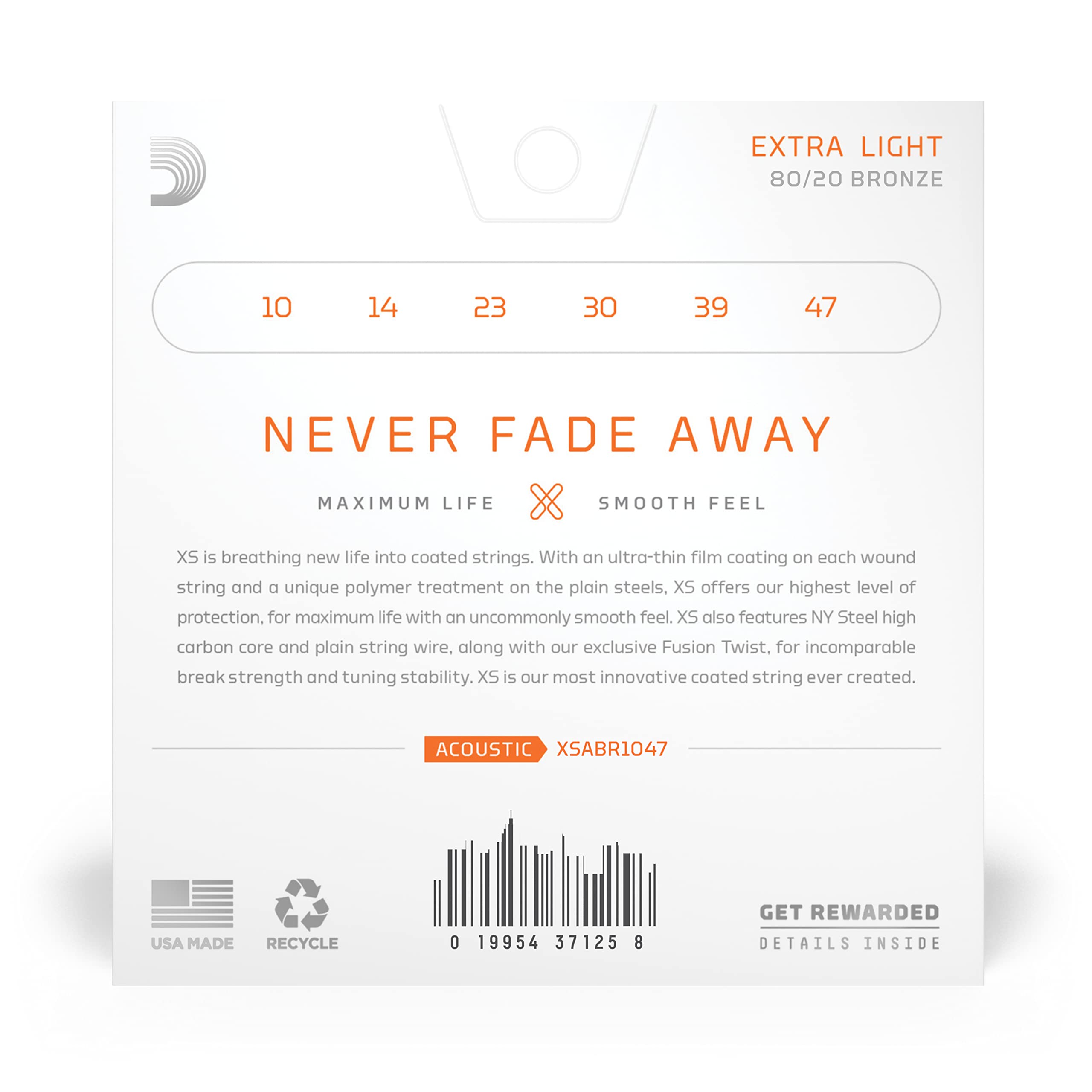 D'Addario Acoustic Guitar Strings, Xs 80/20 Bronze Coated, Xsabr1047, Extra Light Gauge 10 47, 6 String Set, Pack Of 1