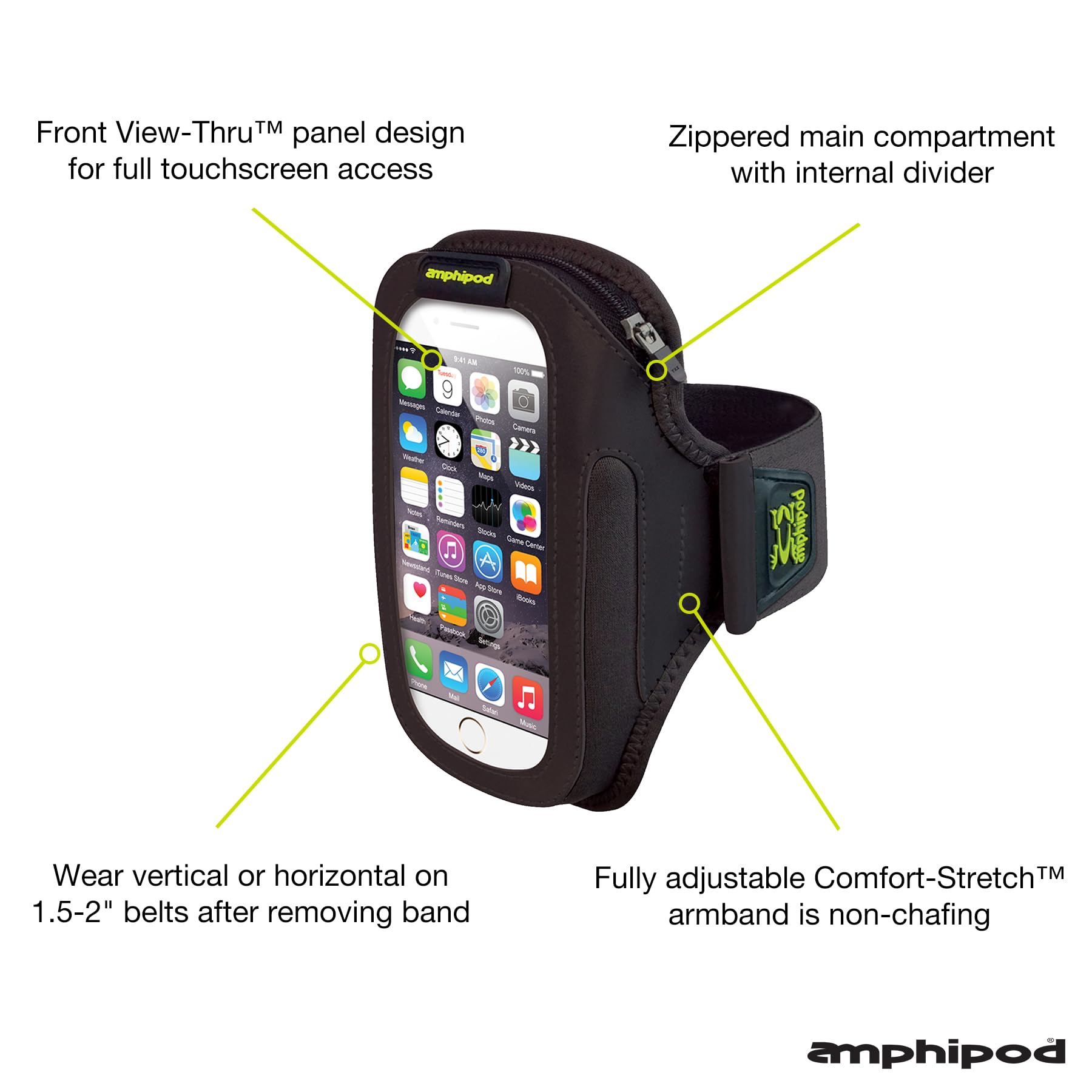 Amphipod Armpod Smartview Sumo Armband, Reflective Arm Or Belt Cell Phone Accessory With Zip Storage For Running & Walking   Bla